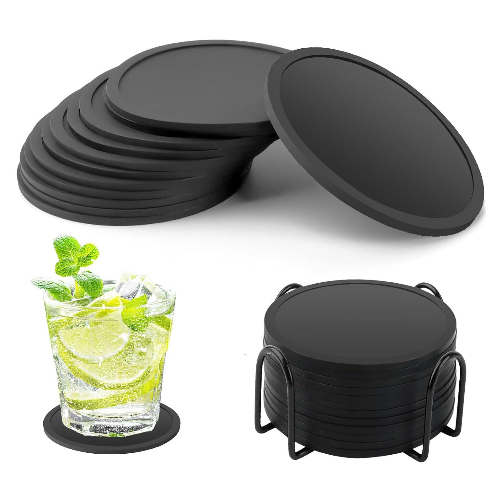 OKWISH Getränkeuntersetzer 12er Gläser Untersetzer Set Glasuntersetzer Tischuntersetzer Rund 10cm, Silikonuntersetzer mit Edelstahl Halter Durchmesser 10 cm aus – Bild 2 von 5