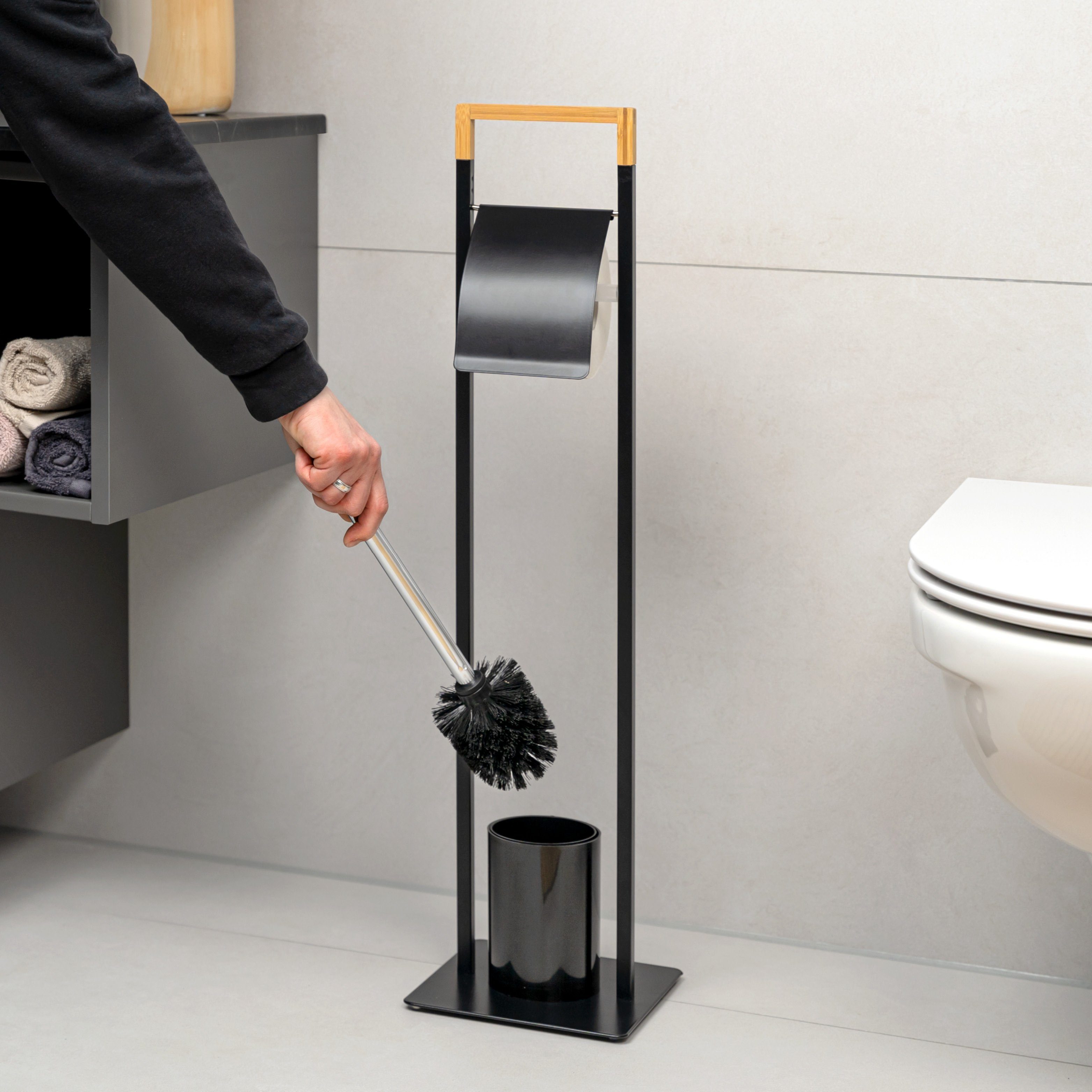 bremermann WC-Garnitur 2in1, WC-Bürste, WC-Rollenhalter, (Set, Bambuselemente, Badezimmer, freistehend 2-tlg), schwarz