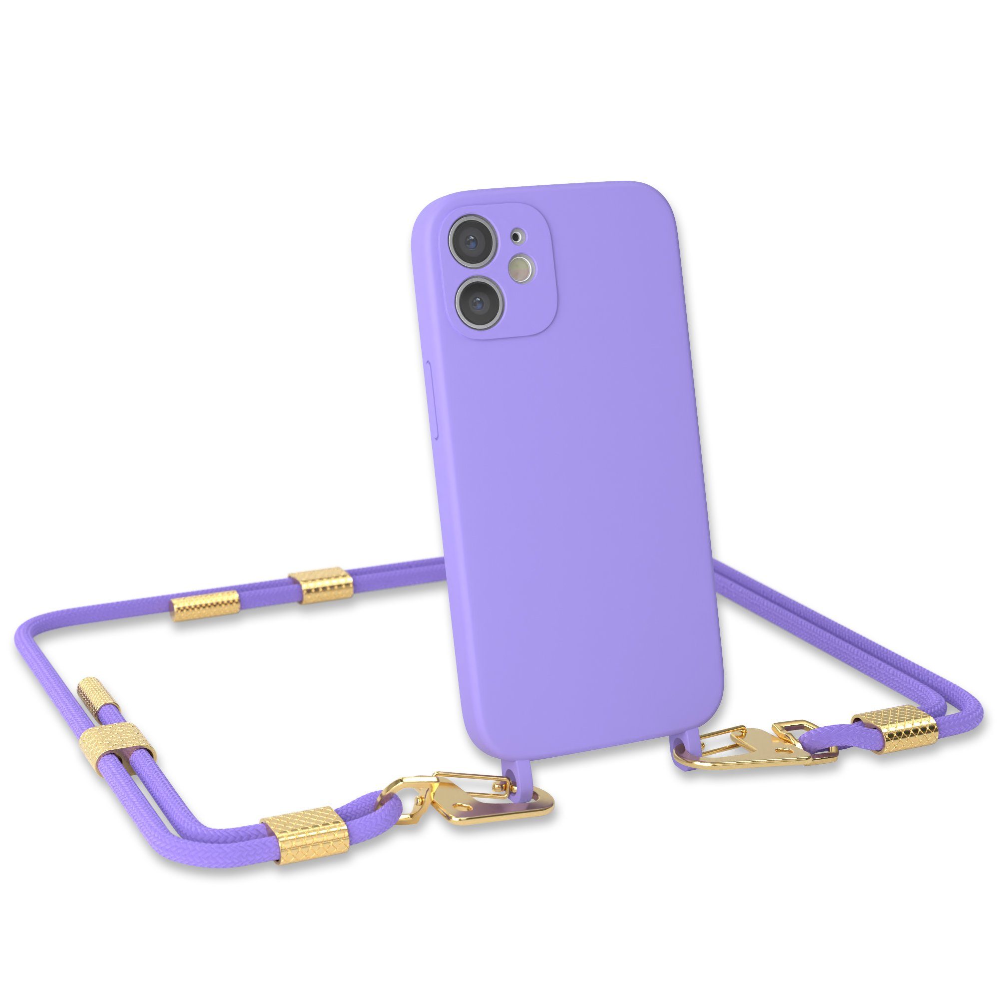 EAZY CASE Handykette Carabiner Chain für Apple iPhone 12 Mini 5,4 Zoll, Smartphonekette Cover Silikonhülle Umhängetasche Flieder Lila Gold