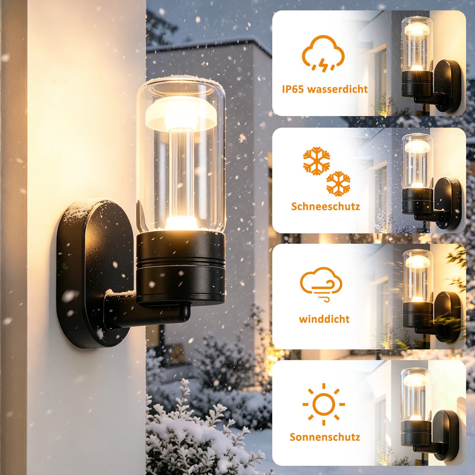 ZMH LED Außen-Wandleuchte Schwarz, 10 W, 3000 K warmweiß, Wandlampe aus Aluminium und Glas, LED fest integriert, Warmweiß, für Hauswand, Terrasse und Flur