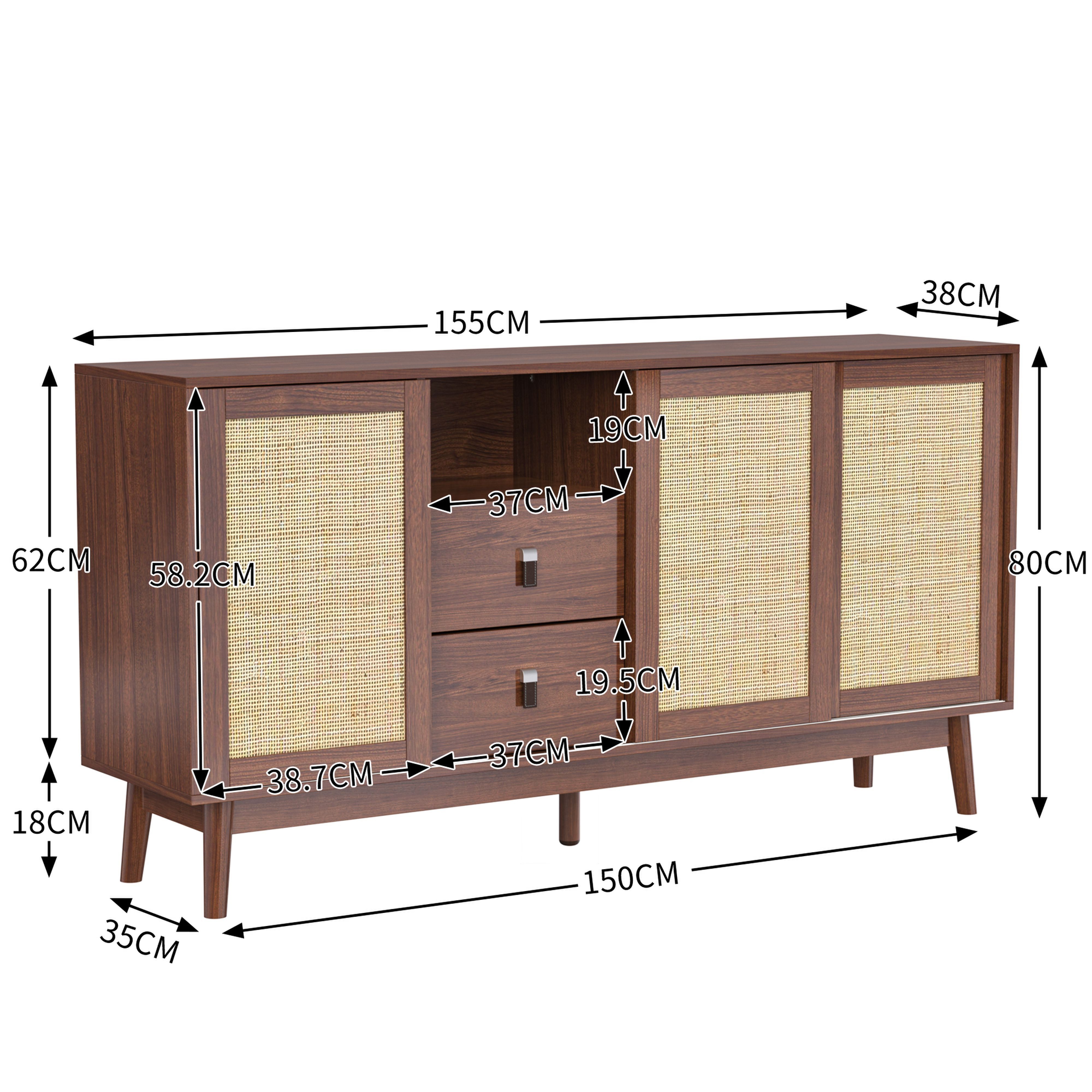 BlingBin Sideboard Kommode (1 St., mit 3 Schiebetüren aus echtem Rattan und 2 Schubladen), 155x38x80 cm, atmungsaktiv, stabil und vielseitig