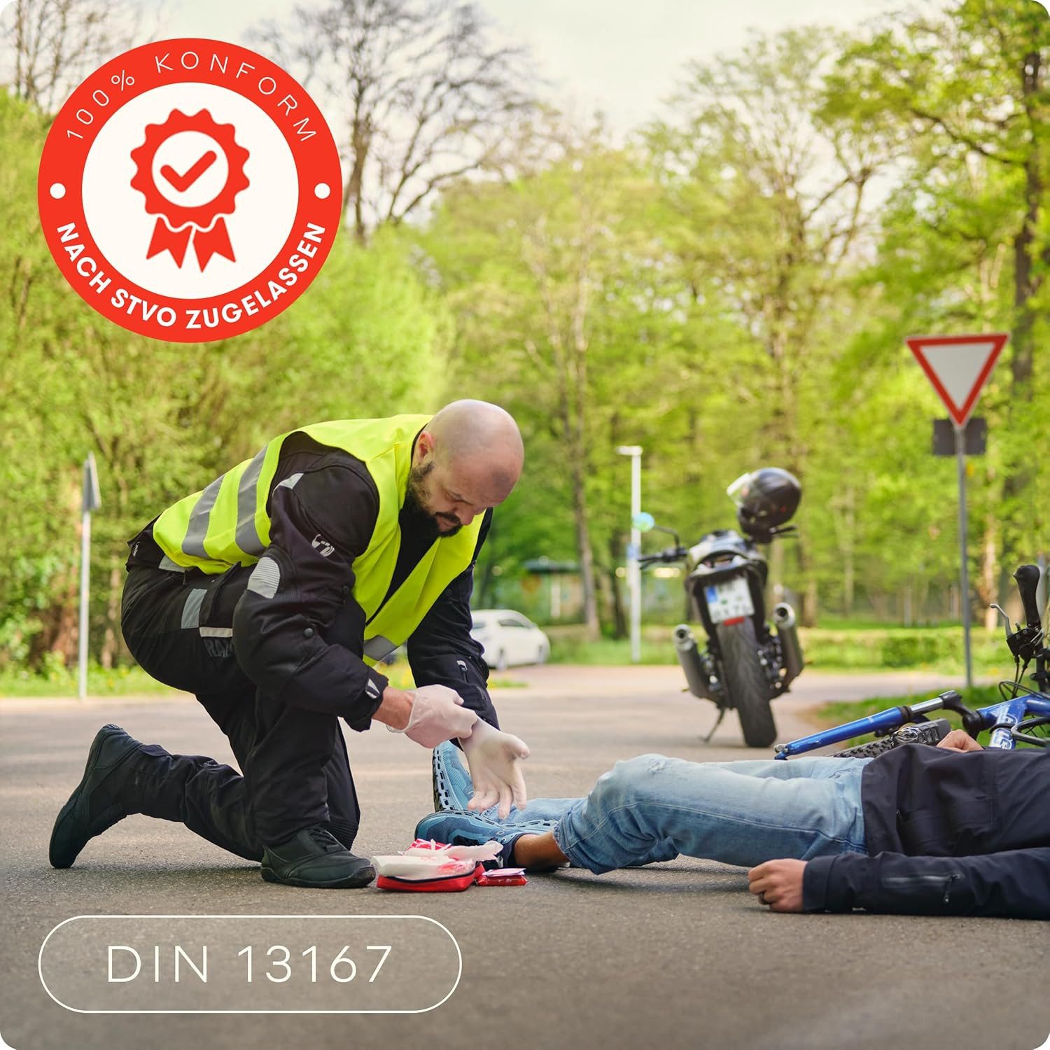 Purahelp KFZ-Verbandtasche Motorrad Verbandskasten - aktuelle Norm 2024 DIN 13167 (StVO konform), (29 St), Inkl. Warnweste & Beatmungstuch - Motorrad Erste Hilfe Set