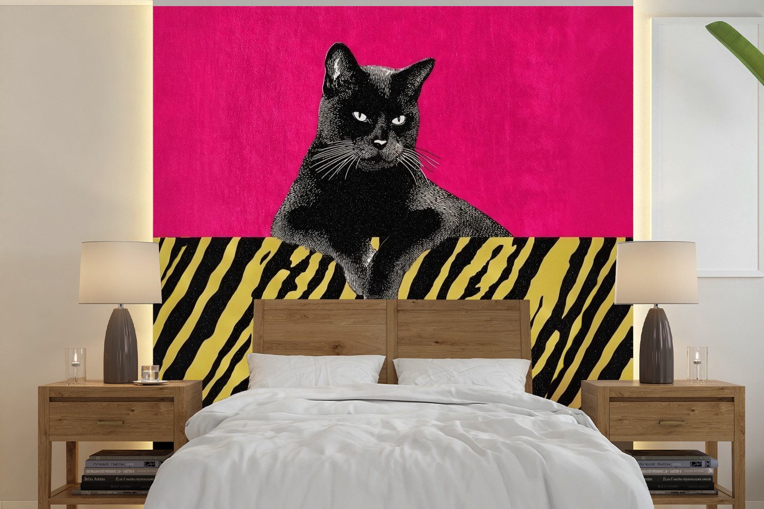 MuchoWow Fototapete Katze - Boss - Rosa - Tigerdruck, Matt, bedruckt, Vliestapete für Wohnzimmer Schlafzimmer Küche, Fototapete, 220x220 cm