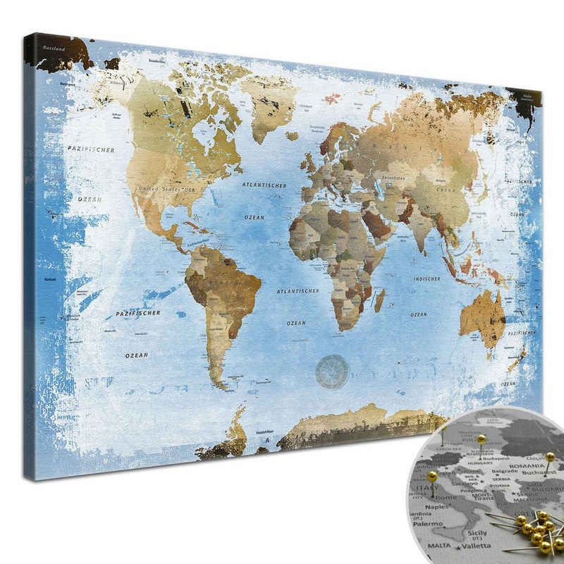 LANA KK Leinwandbild »Weltkarte Pinnwand zum markieren von Reisezielen«, deutsche Beschriftung