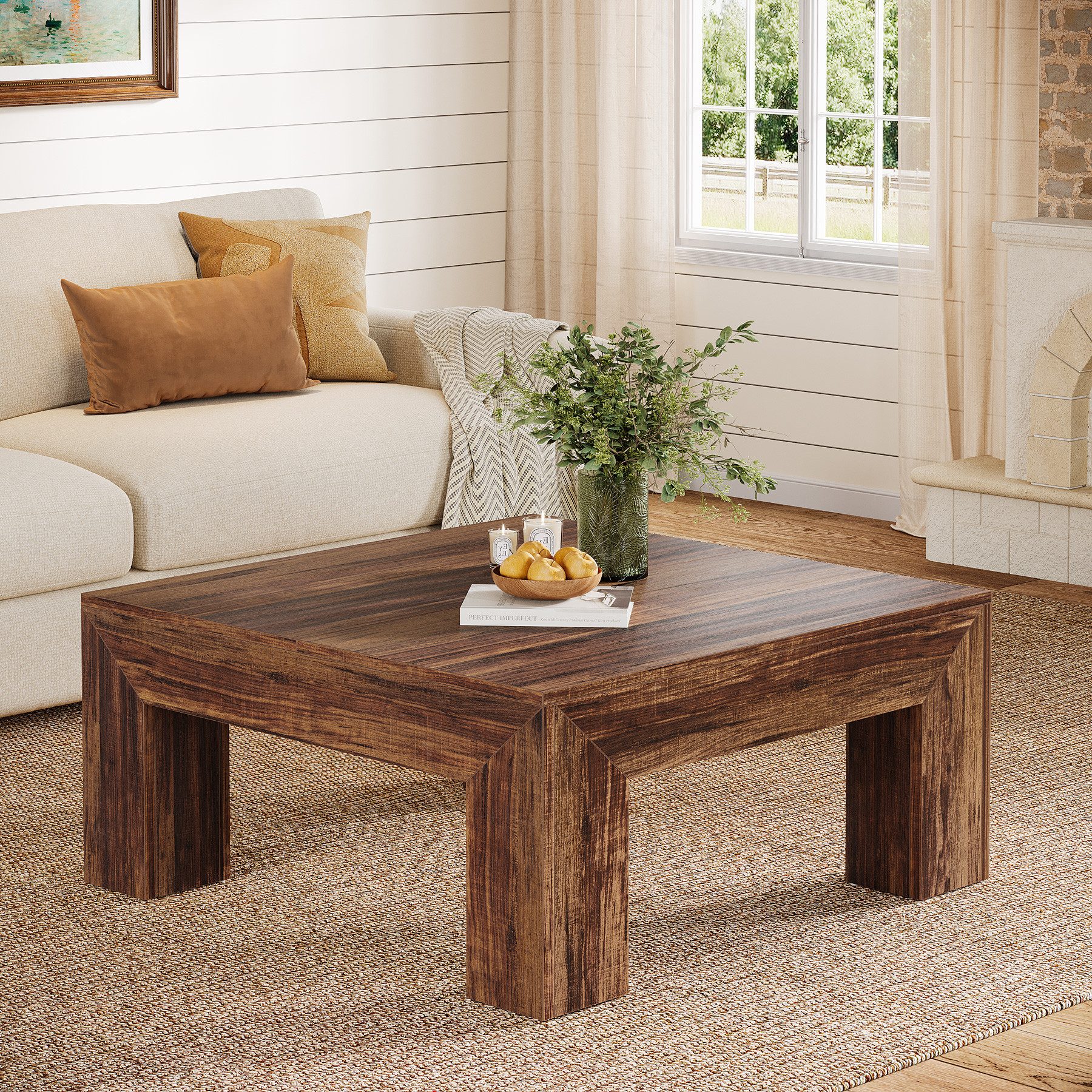 Couchtisch 100cm Quadratischer Wohnzimmertisch, Couchtisch mit Stabilen Holzfüßen