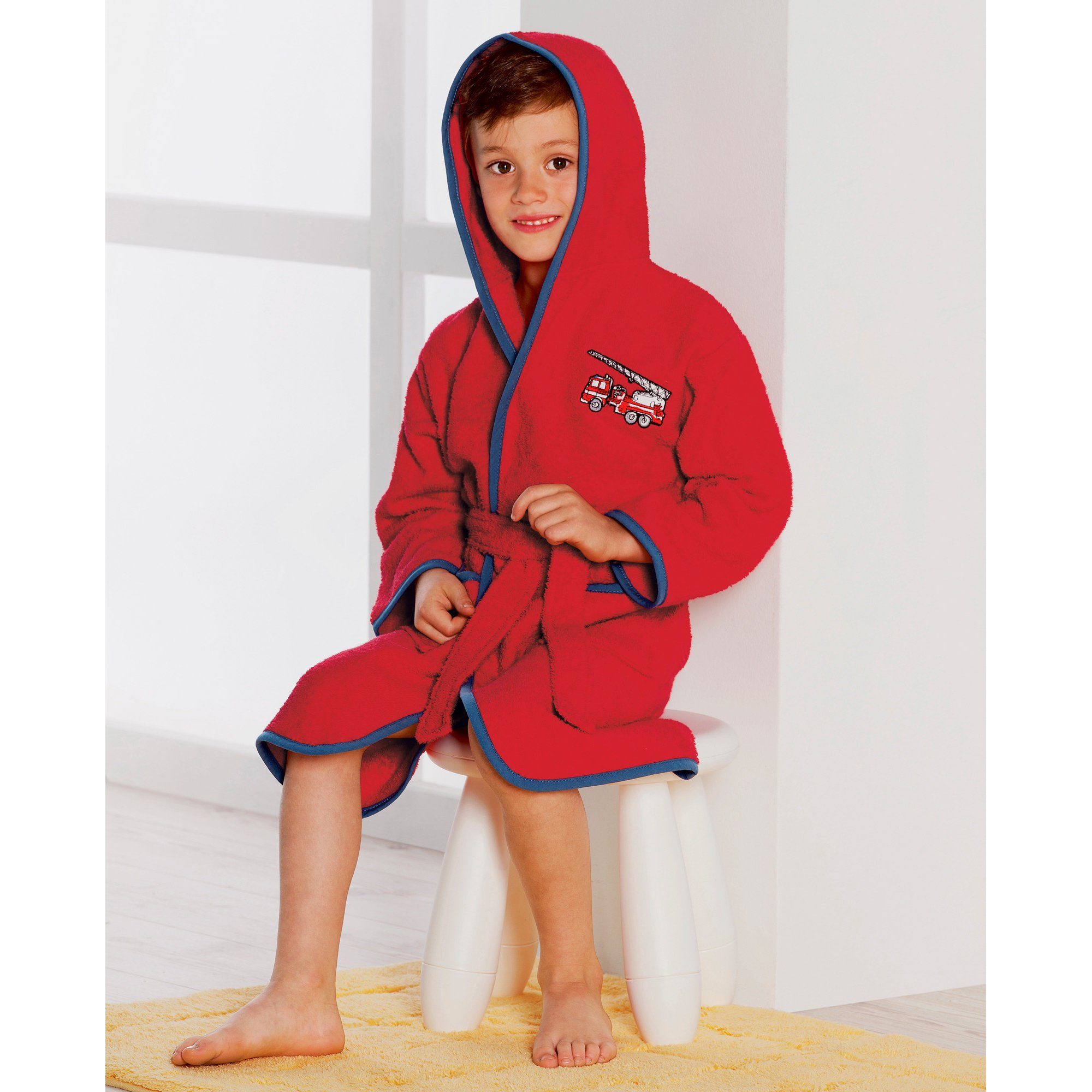 Erwin Müller Kinderbademantel Kinder-Bademantel mit Kapuze, Rückenlänge: 69 cm, Frottier, mit Kapuze/mit Aufsatztasche:, default, Walk-Frottier Uni/Motiv: Feuer – Bild 4 von 5