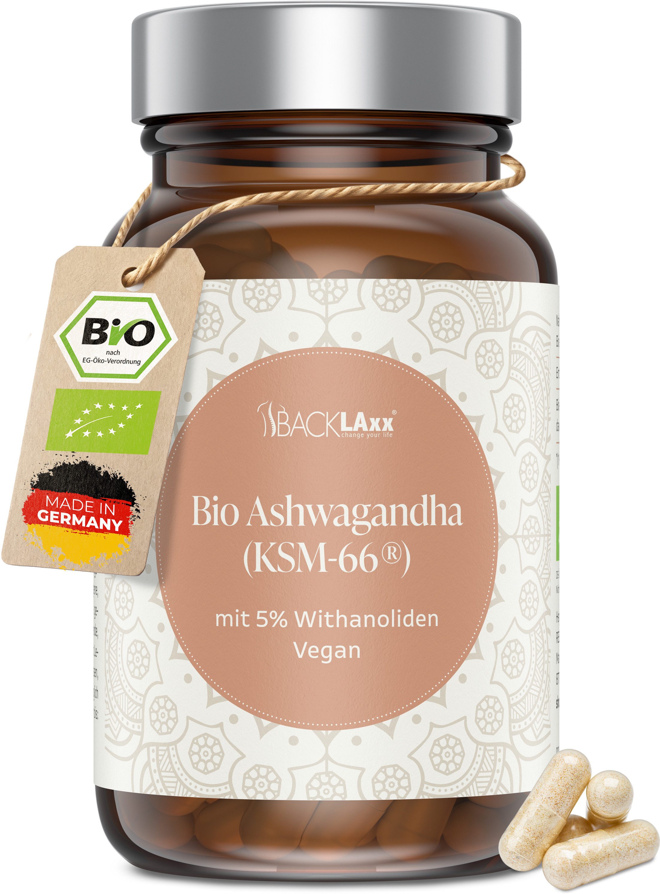 BACKLAxx® Bio Ashwagandha KSM-66®, 500mg – 90 vegane Kapseln Kapseln, 1 er 54 g, Vegan, ohne Zusatzstoffe, ohne Farbstoffe, ohne Konservierungsstoffe