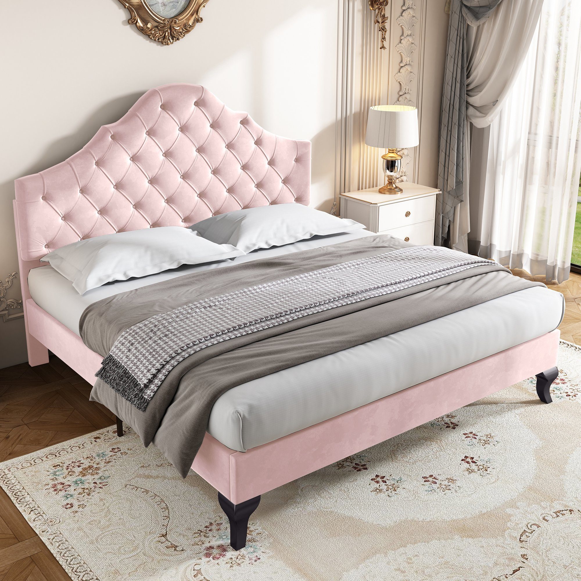 Jugendbett Matratze Polsterbett Doppelbett, Ohne 140x200cm Kopfteil), höhenverstellbarem Rosa mit (Samt OKWISH