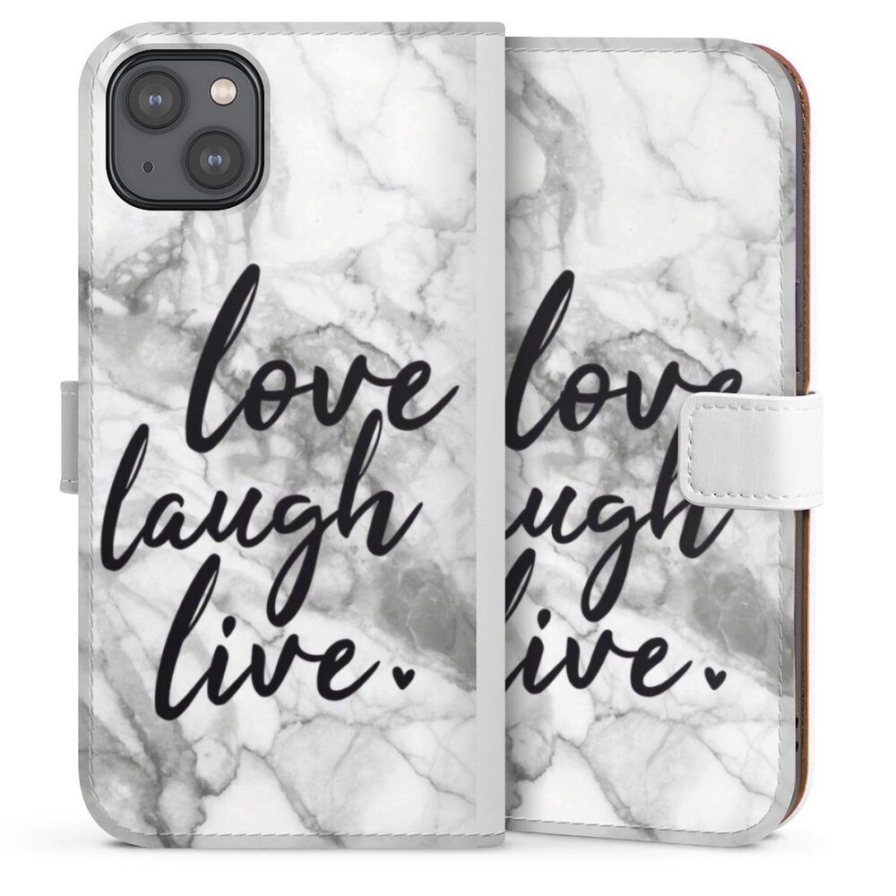 DeinDesign Handyhülle Marmor Sprüche Liebe Love, Laugh, Live Marmor, Apple iPhone 14 Plus Hülle Handy Flip Case Wallet Cover