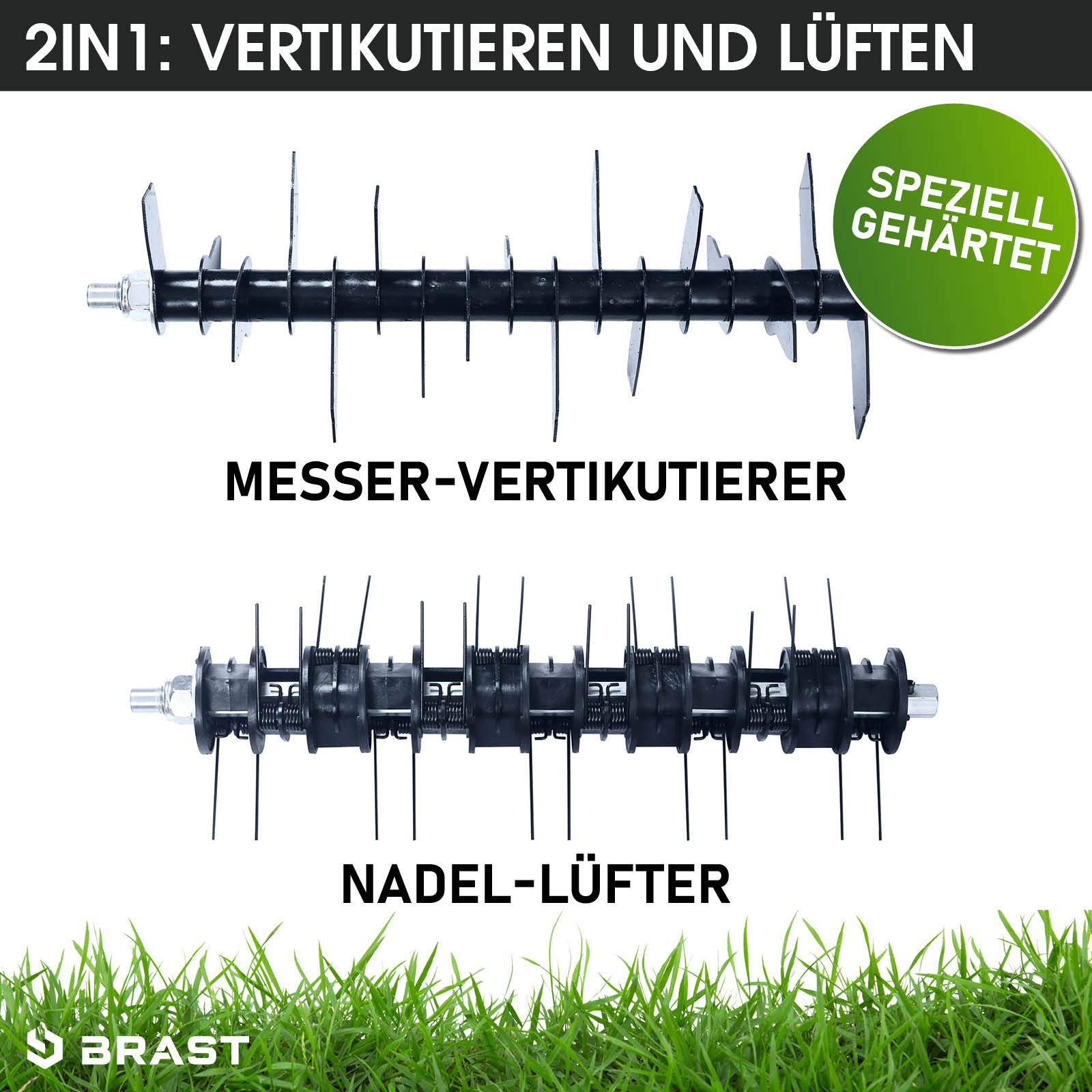 BRAST Benzin-Vertikutierer / Lüfter 4,5kW (6,12PS), 4-Takt Motor 212ccm, 45 cm Arbeitsbreite, TÜV geprüft, 50L Fangkorb