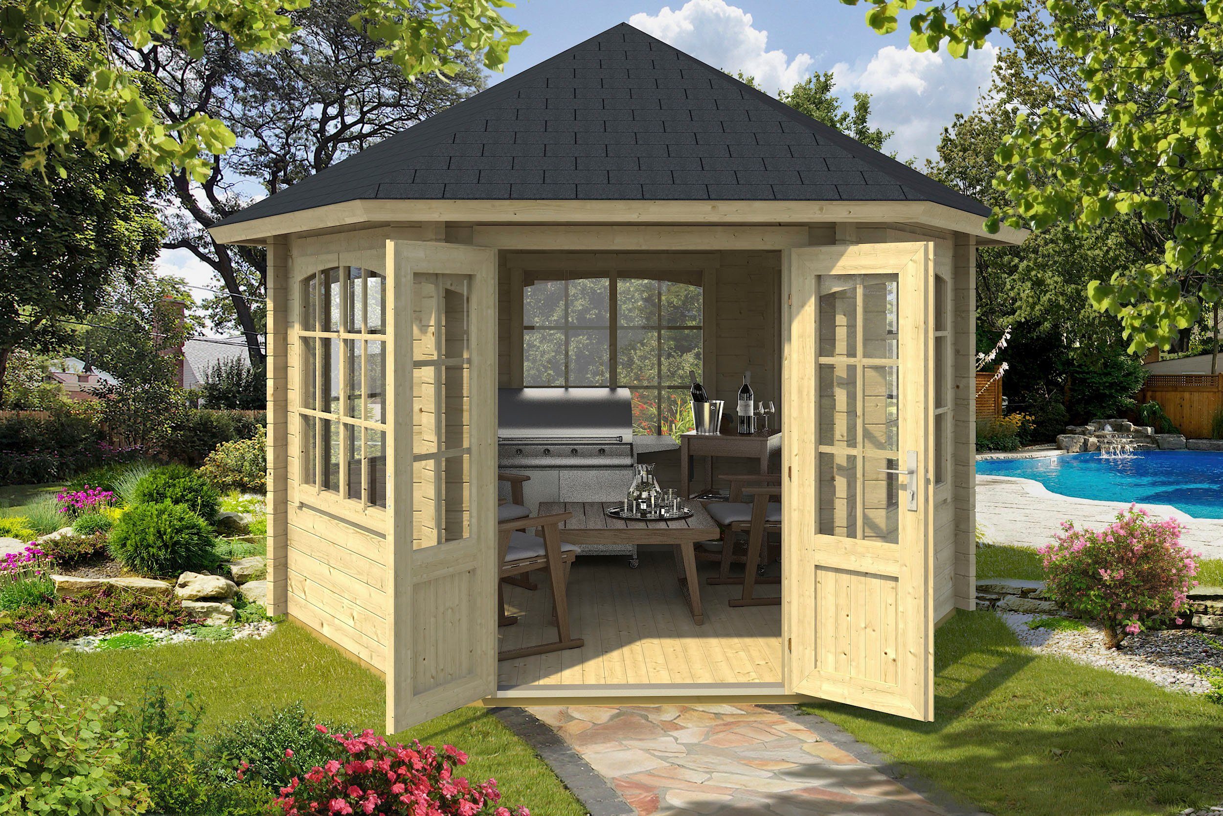 LASITA MAJA Pavillon Ilmenau, mit 6 Seitenteilen, (Set, Inklusive Fußbodenbretter zum Verlegen), BxT: 420x363,7 cm, Fichtenholz