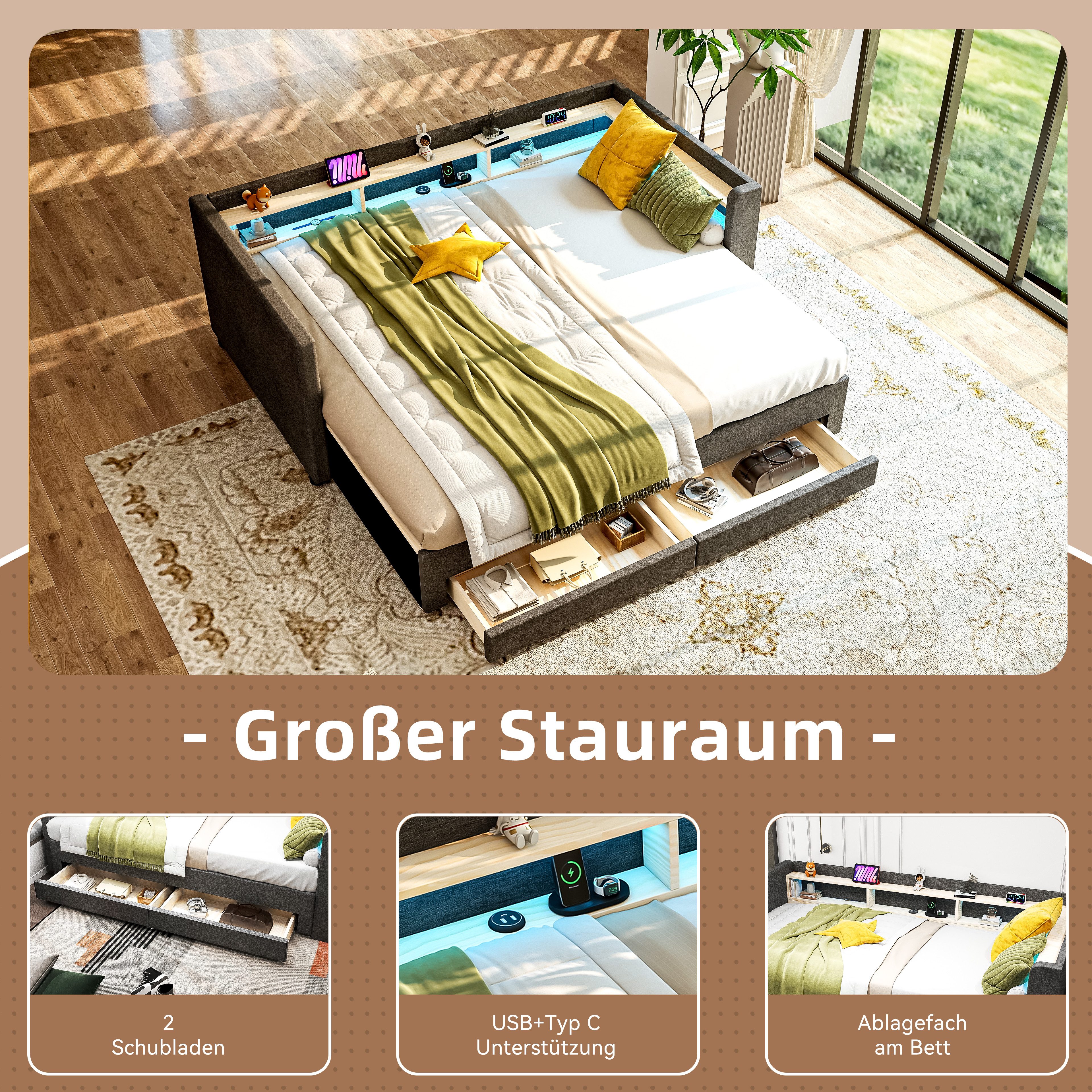 oyajia Polsterbett Daybett Tagesbett Ausziehbett mit LED-Beleuchtung (Quadratischer Rückenlehne, 2 Schubladen für Stauraum, mit Stauraum, USB-C, ohne Matratze), Multifunktionalem Ausziehbett & Stauraum 90x190/180x190 cm
