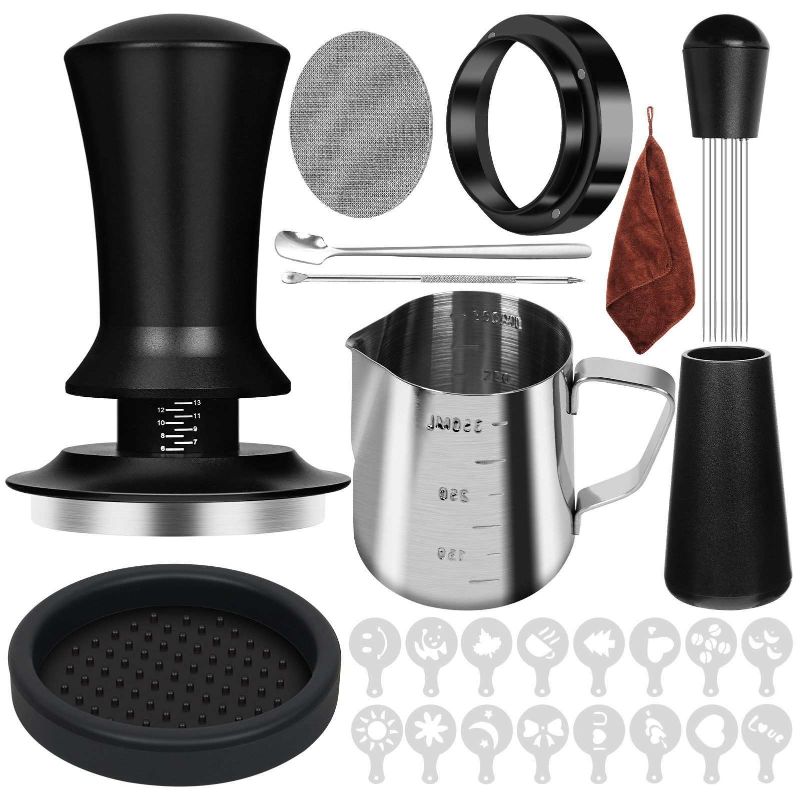 OSTWOLKE Tamper Kaffee Tamper 51mm Set, 25-teiliges Barista Zubehör Set