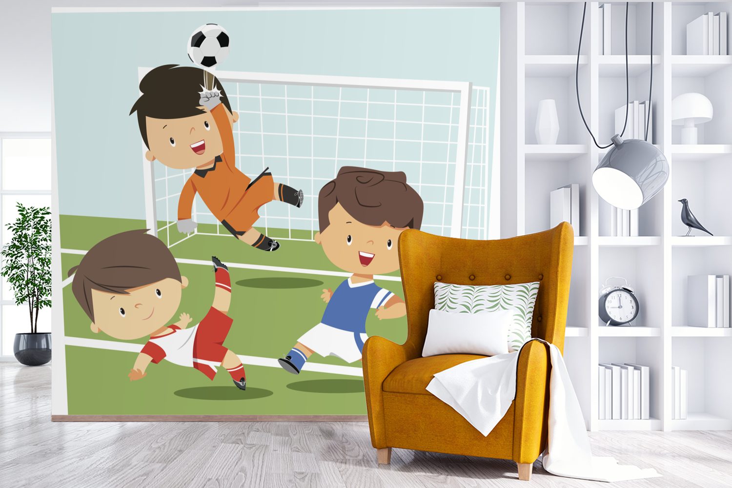 Fußball Kinder Montagefertig - Matt, von Fototapete spielen MuchoWow Kindern, Wandtapete drei St), für Eine (5 -, die Vinyl bedruckt, Wohnzimmer, Illustration Tapete
