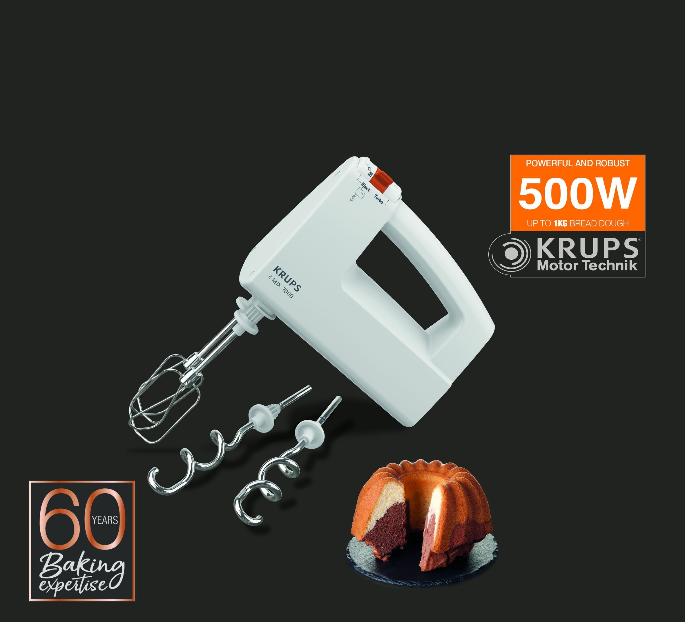 Krups Handmixer 3 MIX 7000, 500 W, Turbo-& Auswurftaste, Schneebesen & Knethaken aus Edelstahl, F60814