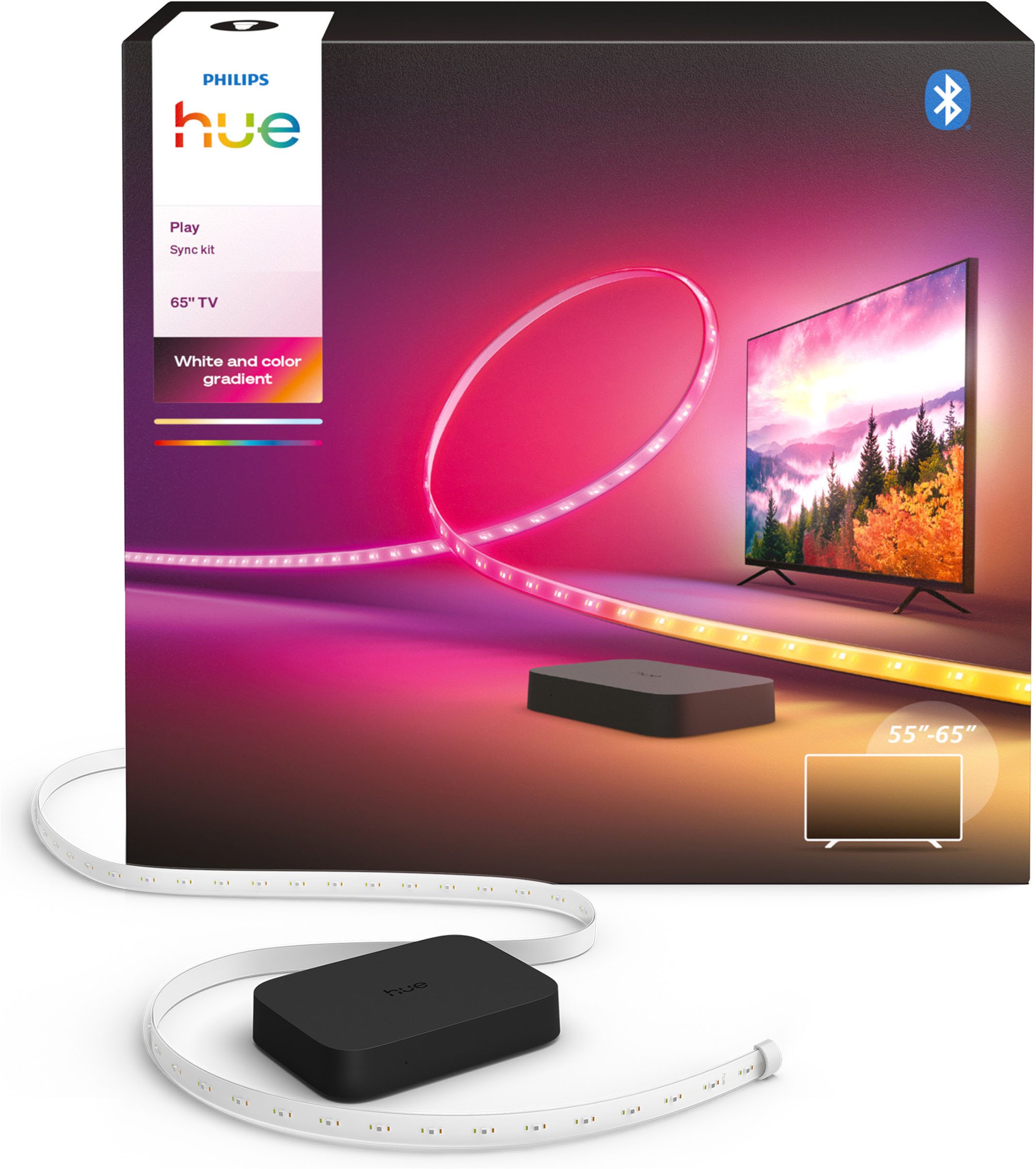 Philips Hue LED-Streifen Play Sync Box Set (Play Gradient 65"o. 85" Lightstrip+Sync Box 4K), White & Color Ambiance, RGBWWIC, präzise Farben, steuerbar per App