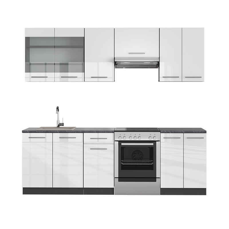 Vicco Küchenzeile Fame-Line, Weiß Hochglanz/Anthrazit, 240 cm ohne Arbeitsplatte