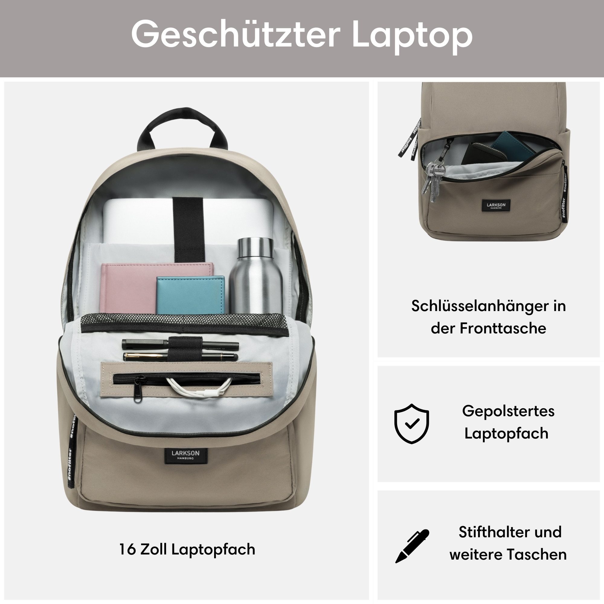 LARKSON Schulrucksack No 3 Rucksack Schule Mädchen Jungen Teenager (1-tlg), Seitentasche, Laptopfach, Wasserabweisend