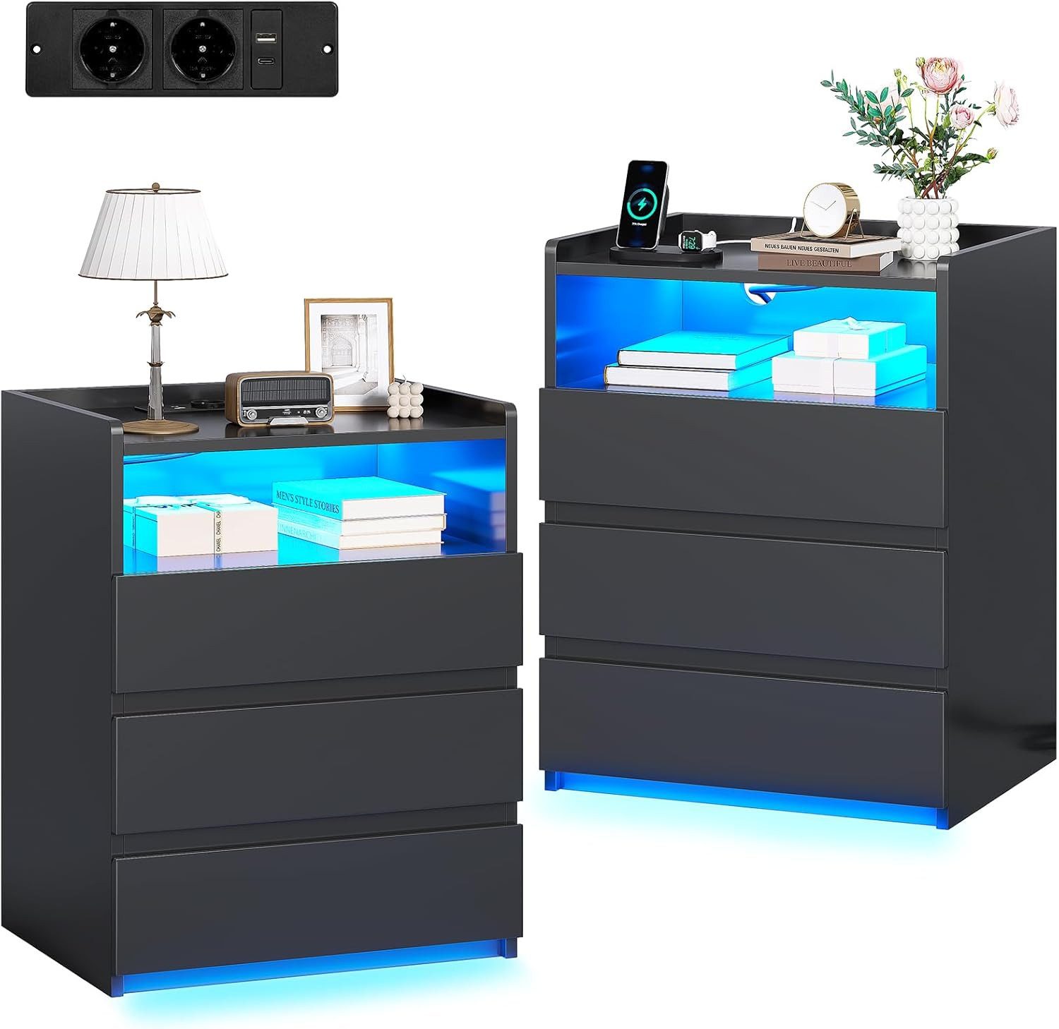 MSMASK Nachttisch mit 3 Schubladen, Steckdosenleiste günstig online kaufen