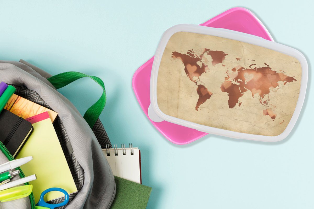 für Mädchen, - Weltkarte Erwachsene, - Brotdose Kinder, (2-tlg), Lunchbox Brotbox MuchoWow rosa Snackbox, Herz, Kunststoff Kunststoff, Marmor
