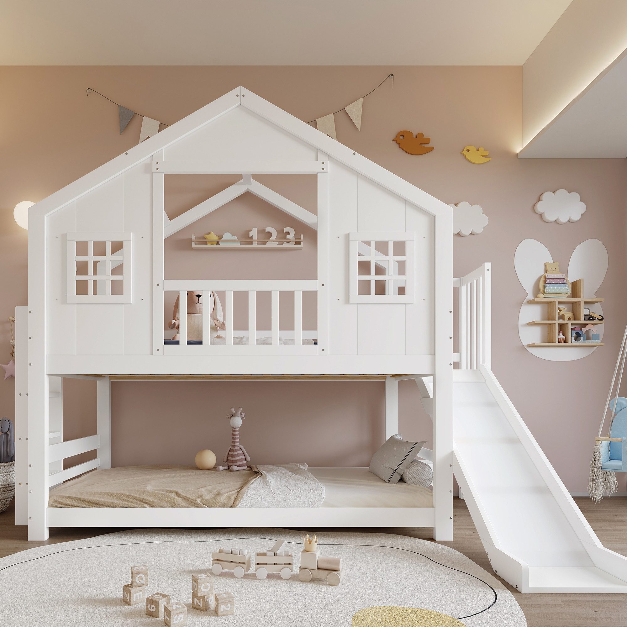 OKWISH Etagenbett Kinderbett Holzbett (mit Kinderrutsche, Dachform, Fensterdetails und robuster Konstruktion, 90x200 cm), ohne Matratze
