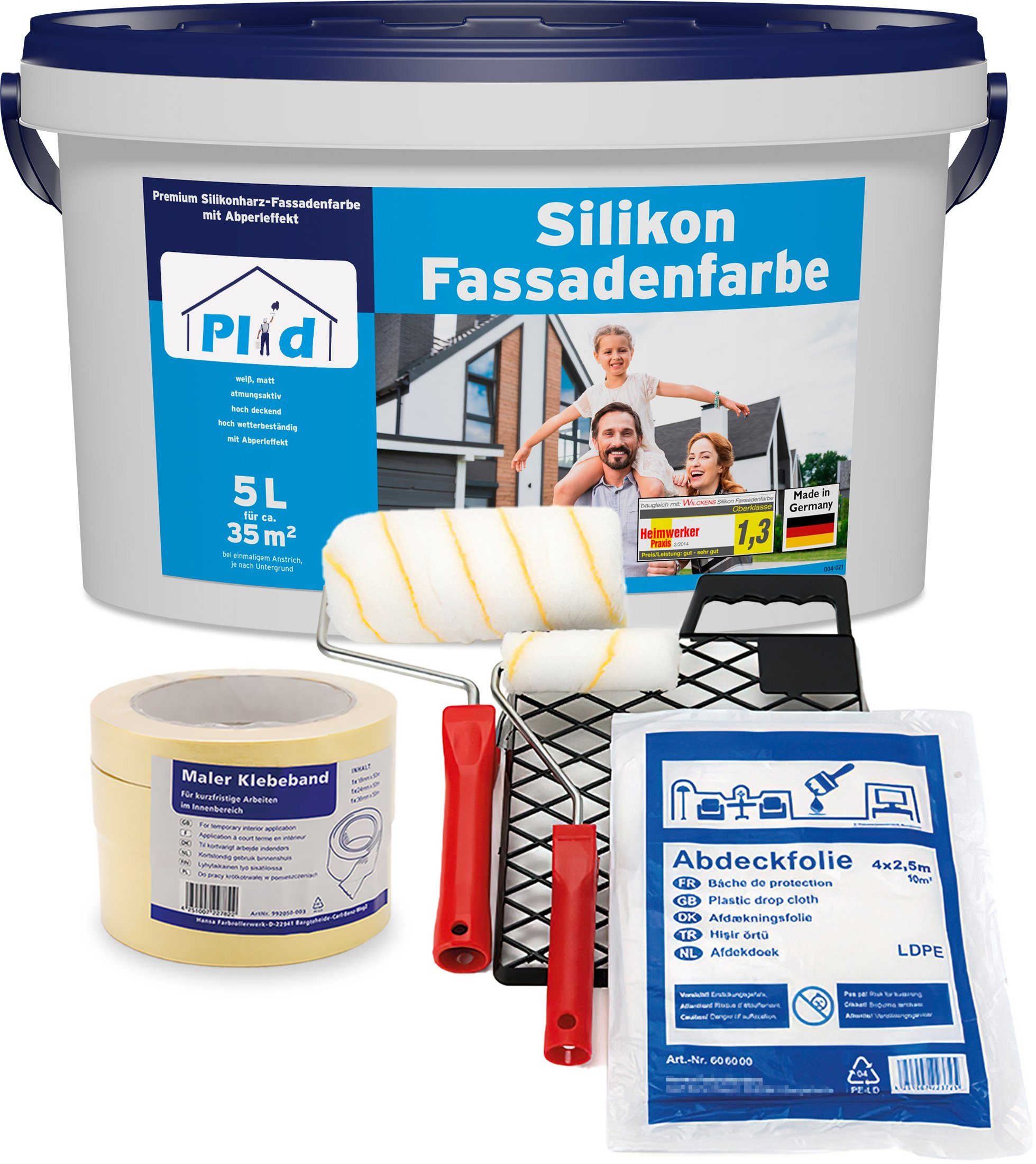 plid Fassadenfarbe Premium Silikon Fassadenfarbe Aussenfarbe Fassadenweiß Anstreichset, Schnelltrocknend