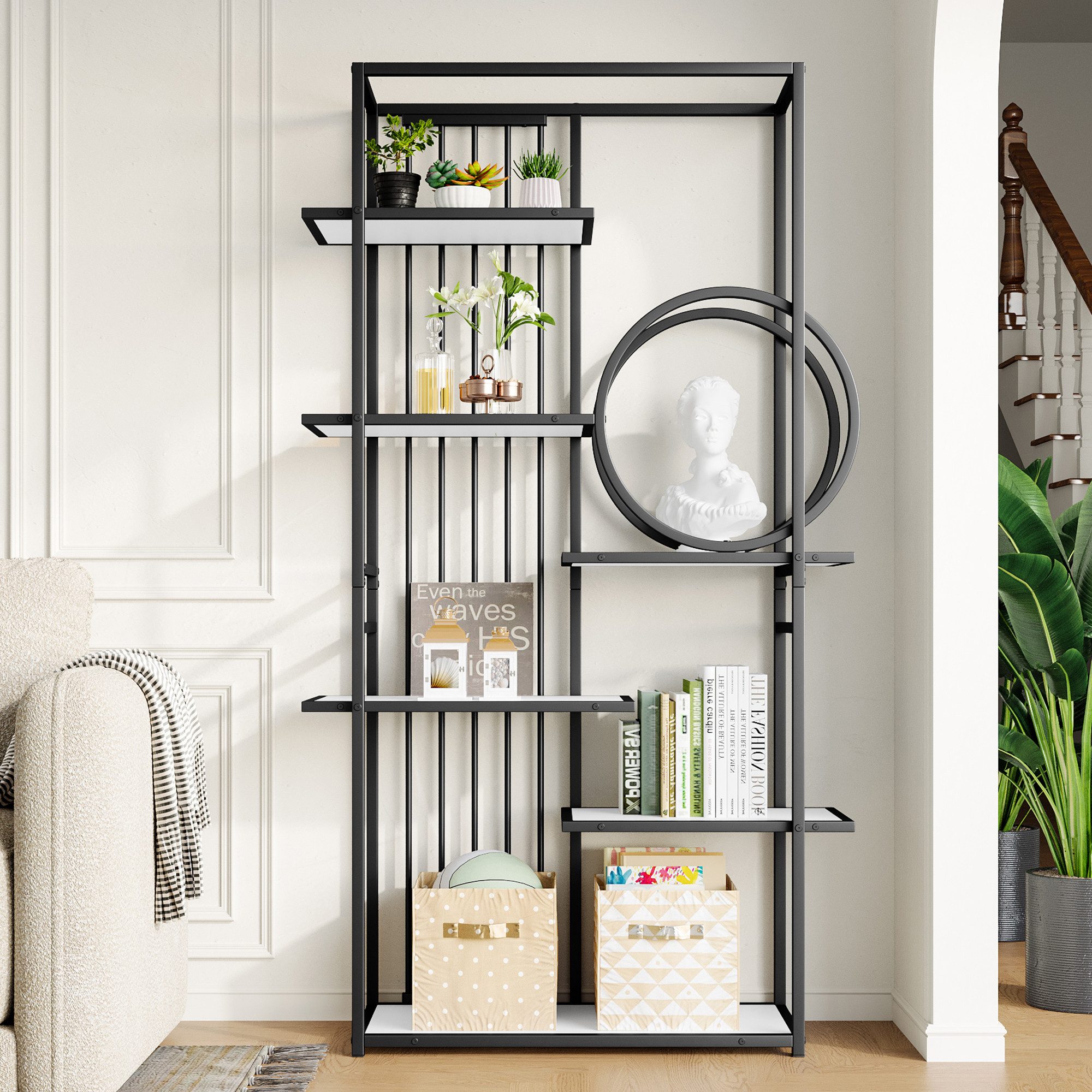 KLAM HOME Bücherregal 100 x 30 x 180 cm Metallregal im modernen Stil, solides Stahlrohr, geometrische Struktur, mehrstufiges Design, runde Dekoration, geeignet für die Inneneinrichtung, weiß + schwarz