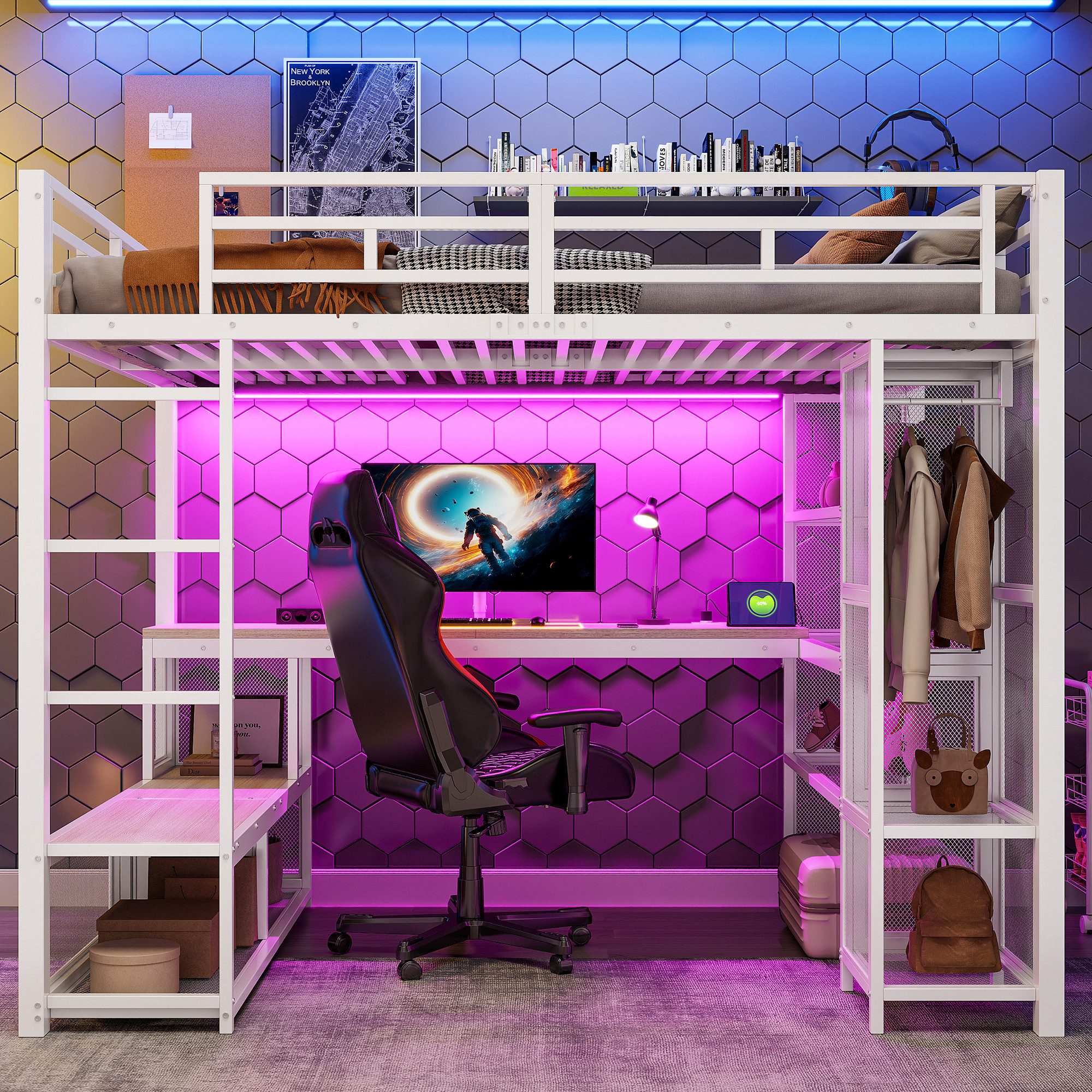 Merax Hochbett 140x200cm mit LED-Beleuchtung & USB-Anschluss (1-St., Jugend günstig online kaufen