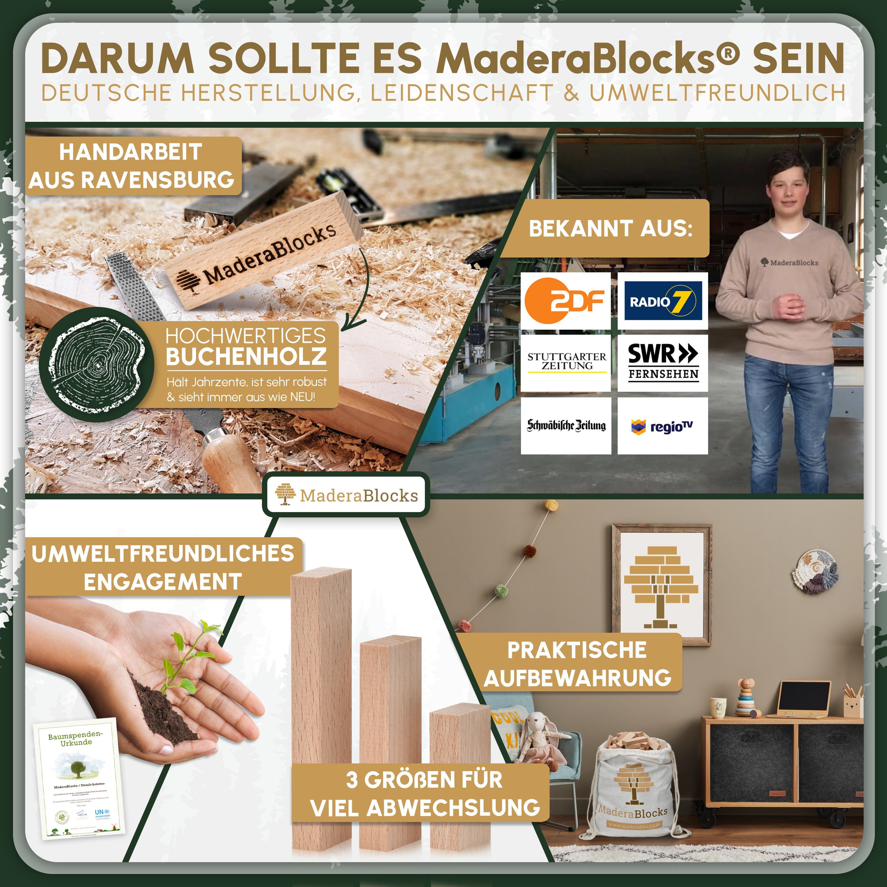 MaderaBlocks 200-1.600 Holzbausteine Natur 100% Made in DE Bauklötze Holz Bausteine Spielbauklötze, Baumpflanzung - Made in Germany (Ravensburg)