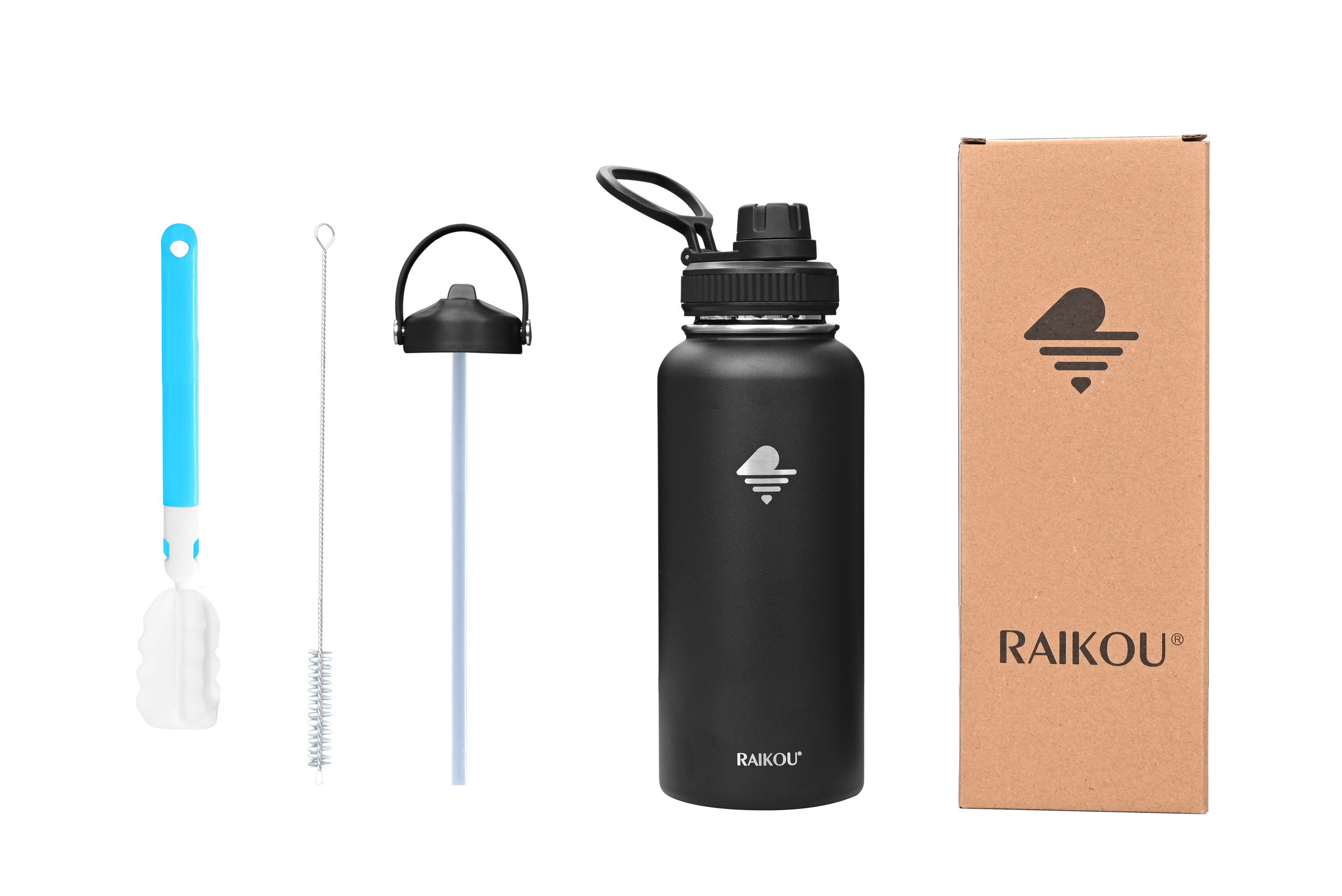 RAIKOU Isolierflasche Trinkflasche Vakuumisolierte Wasserflasche Auslaufsichere Sportflasche, mit 2 Deckel