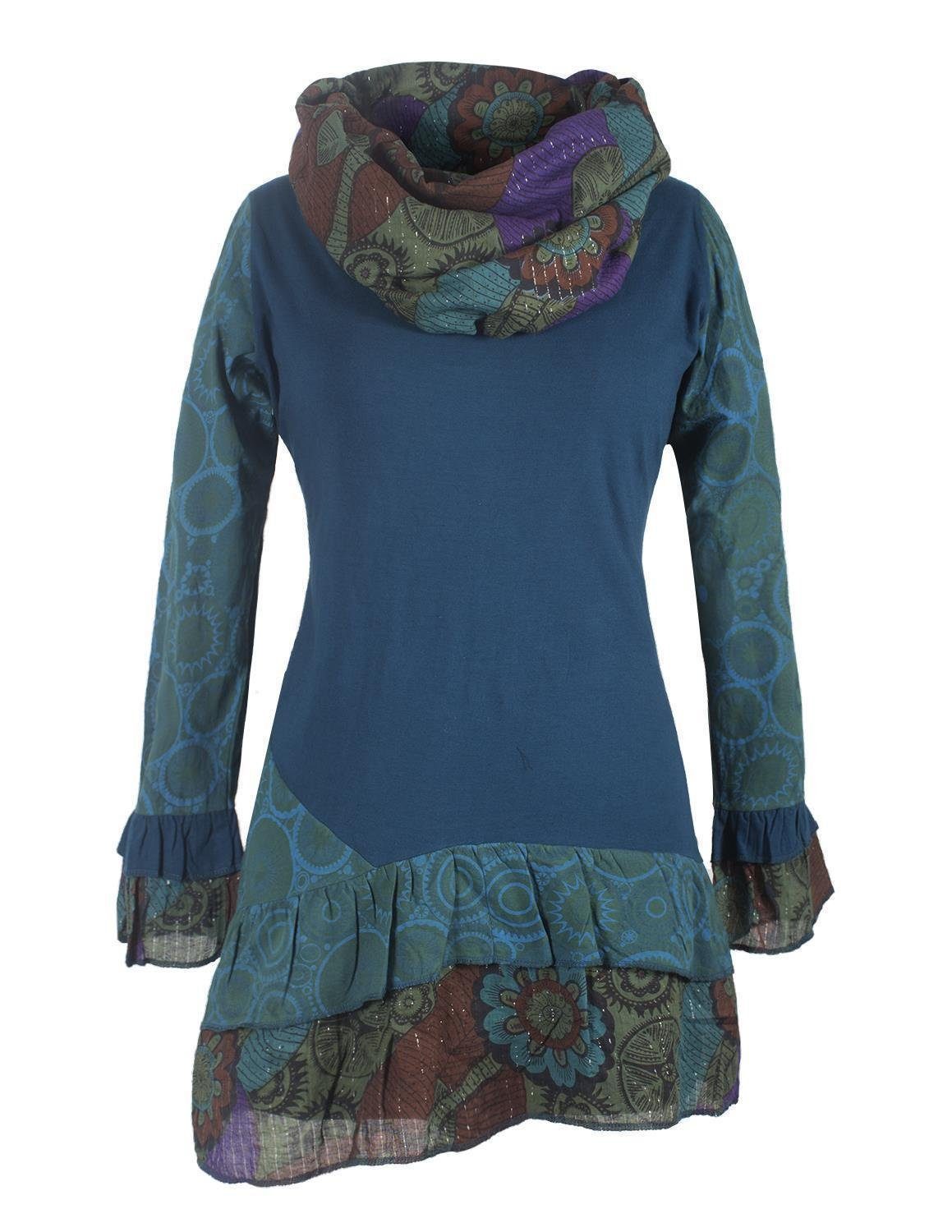 Vishes Midikleid Langarm Mandala Rüschen-Kleid mit Kapuzenschal Elfen, Boho, Goa Hippie Style