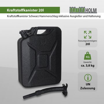 TRUTZHOLM Kanister Metallkanister 20 Liter + Ausgießer + Halter schwarz Hammerschlag
