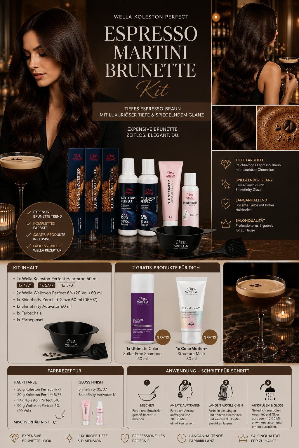 Wella Professionals Haarfarbe Perfect Color Kit - Espresso Martini Brunette, Komplettes Haarfärbeset mit Pflege, 13-tlg., Professionelles Salon-Finish für Zuhause