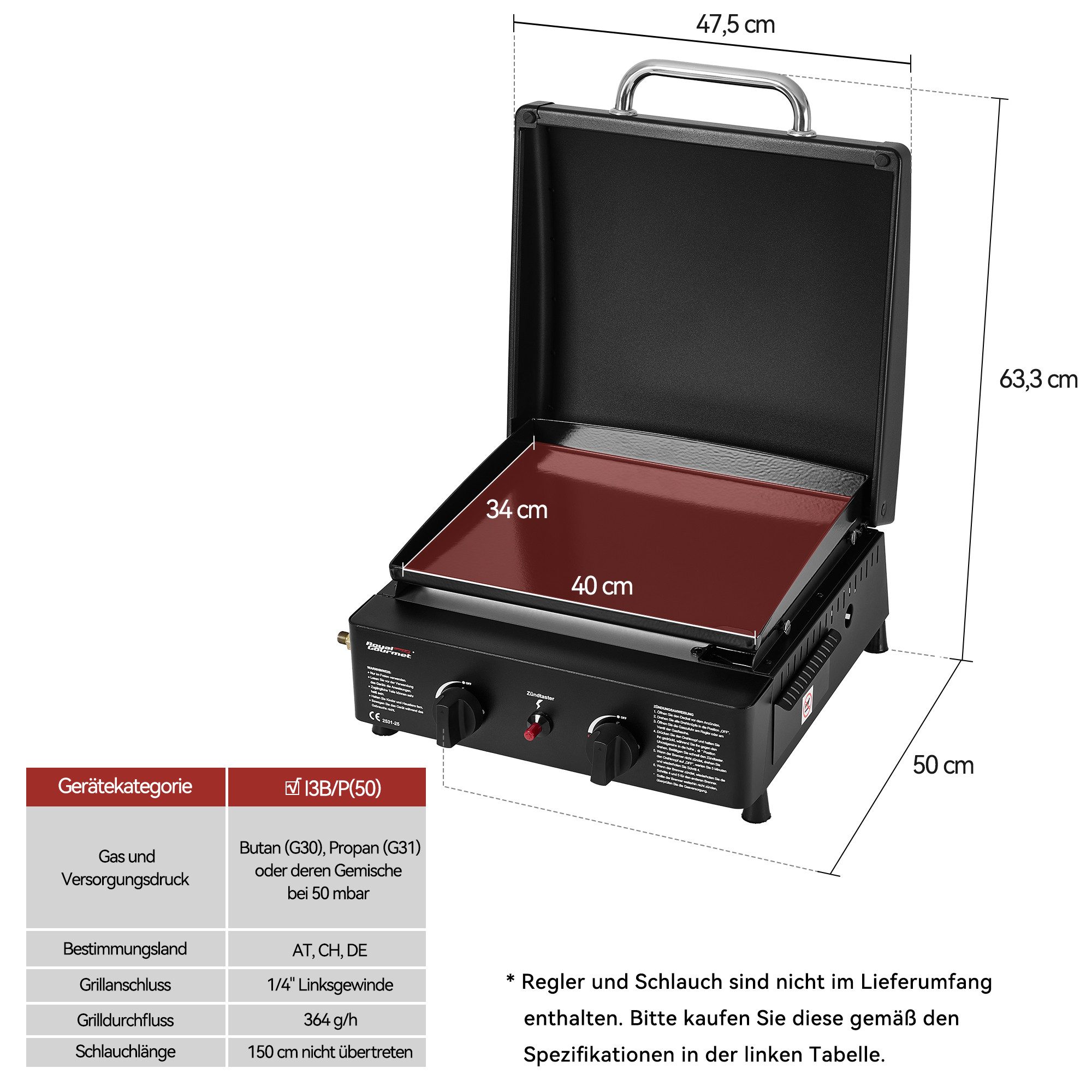 Royal Gourmet Gasgrill 2-Brenner Tisch-Gasgrill mit insgesamt 5 kW Leistung, Emaillierte Gasplancha für Camping und Outdoor