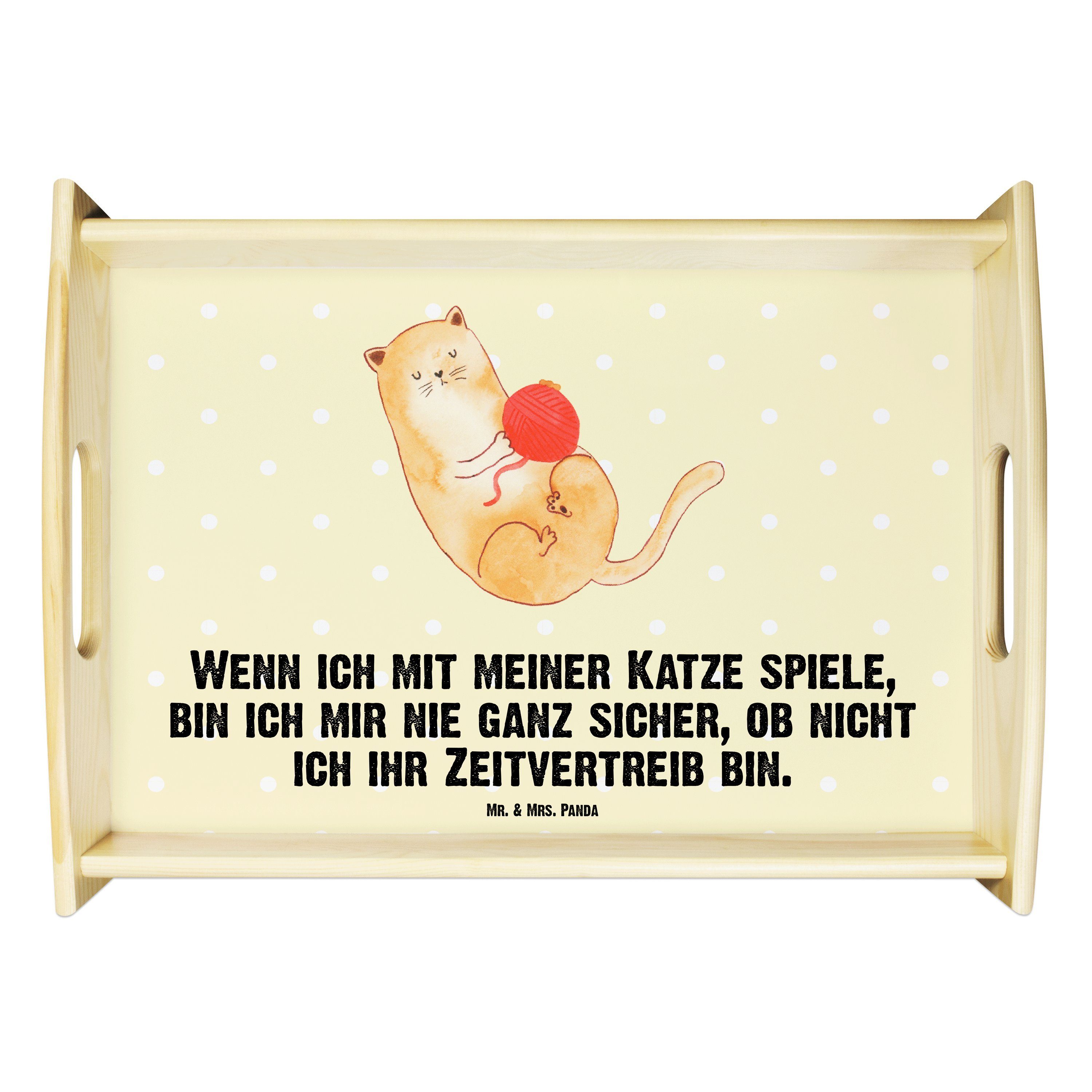 Mr. & Mrs. Panda Tablett Katzen Wollknäul - Gelb Pastell - Geschenk, Katzenmotiv, Haustier, Wo, Echtholz lasiert, (1-tlg)