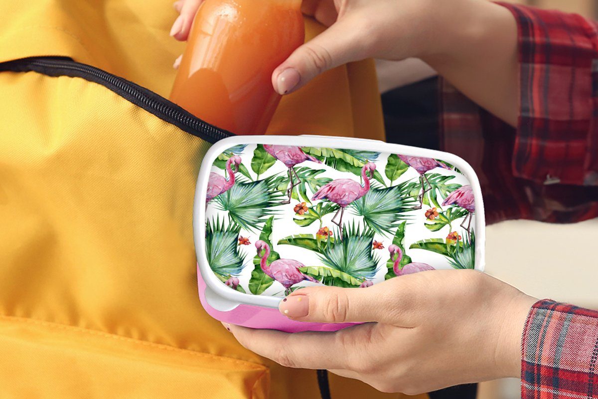 MuchoWow Lunchbox Blätter - Flamingo Kunststoff für Blumen rosa (2-tlg), Erwachsene, Snackbox, Dschungel, Kinder, Kunststoff, Brotdose Brotbox - - Mädchen