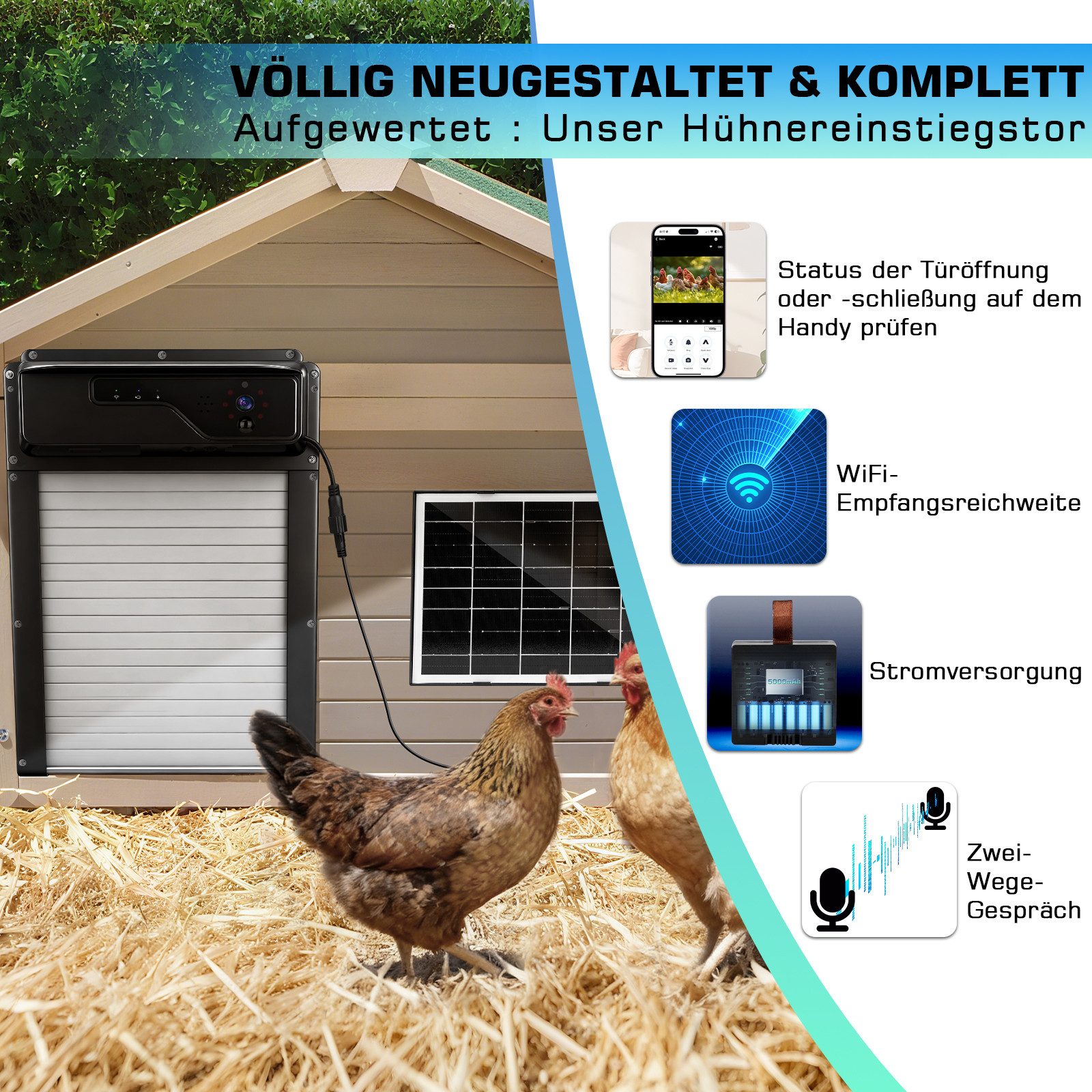 XERSEK Hühnerstall Automatische Hühnerklappe mit Solar, APP-Echtzeitsteuerung über WLAN, Kamera, 5000mAh Akku, Fernbedienung Lichtsensor Anti-Klemm, Hühnertür