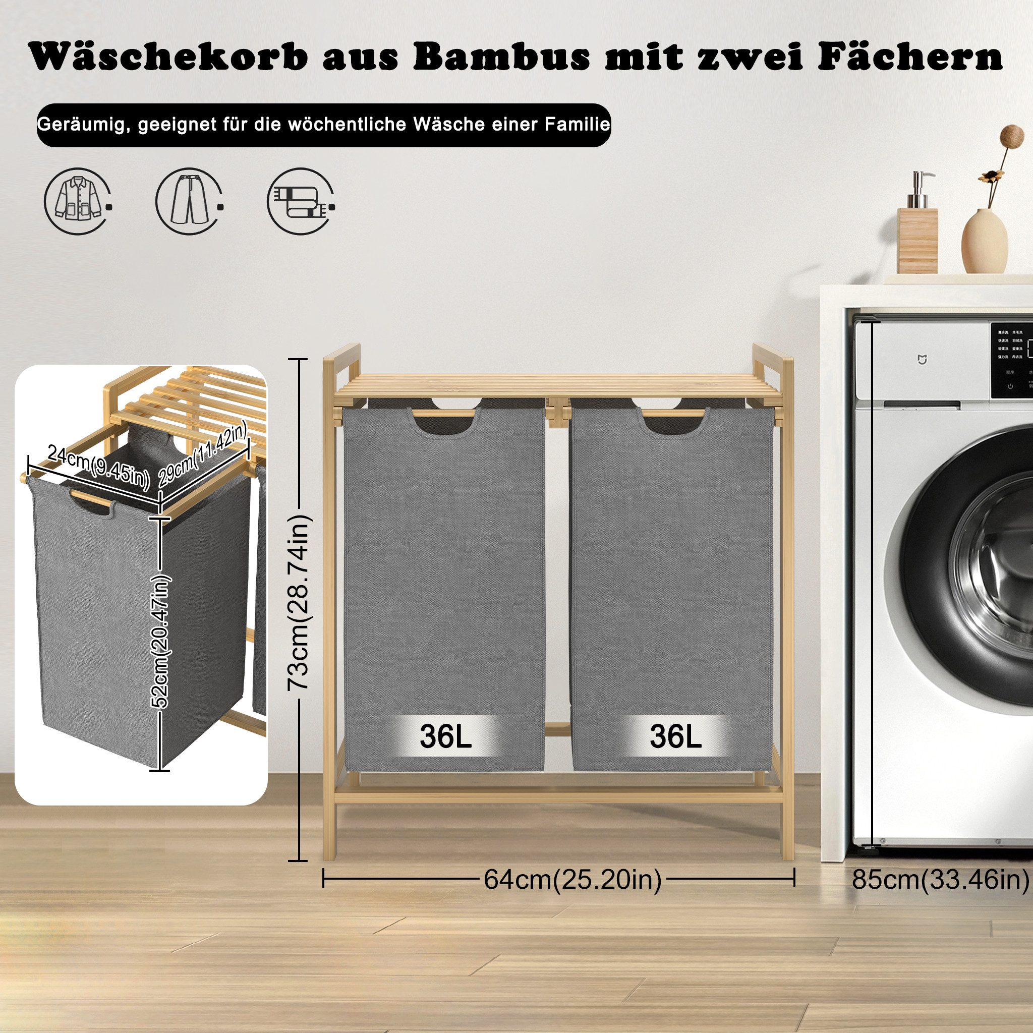 FIVMEN Wäschekorb 2 Fächer aus Bambus-Gestell Bambusrahmen 36L, Wäschesortierer mit Bambus Oberem Rega und Griffen – Bild 3 von 5