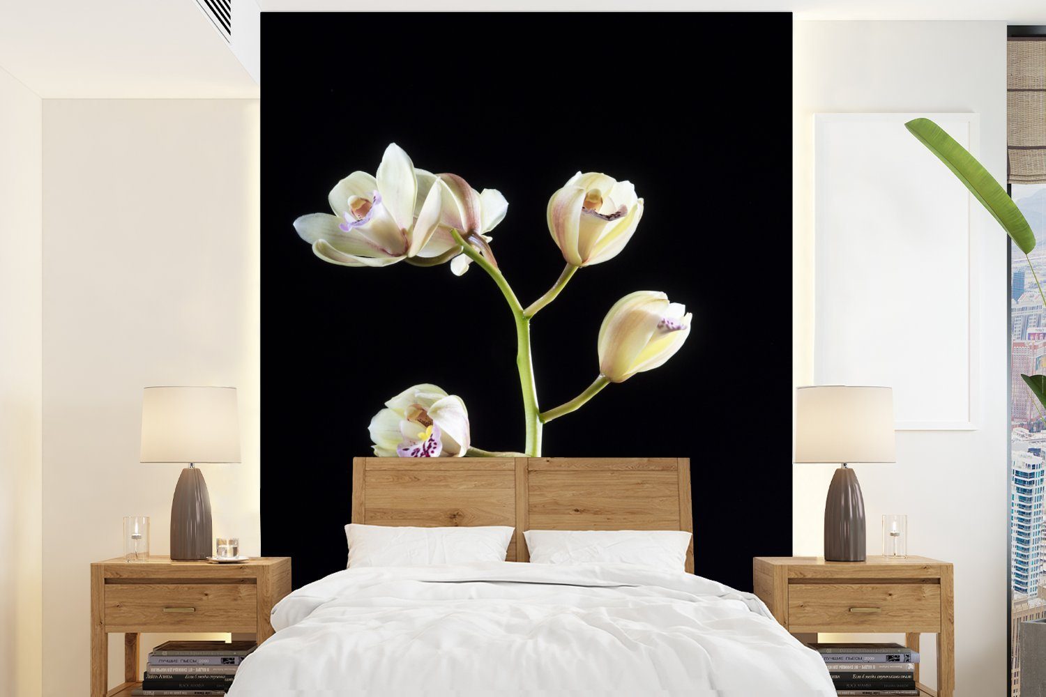 MuchoWow Fototapete Ein Zweig mit Orchideen auf schwarzem Hintergrund, Matt, bedruckt, (4 St), Montagefertig Vinyl Tapete für Wohnzimmer, Wandtapete