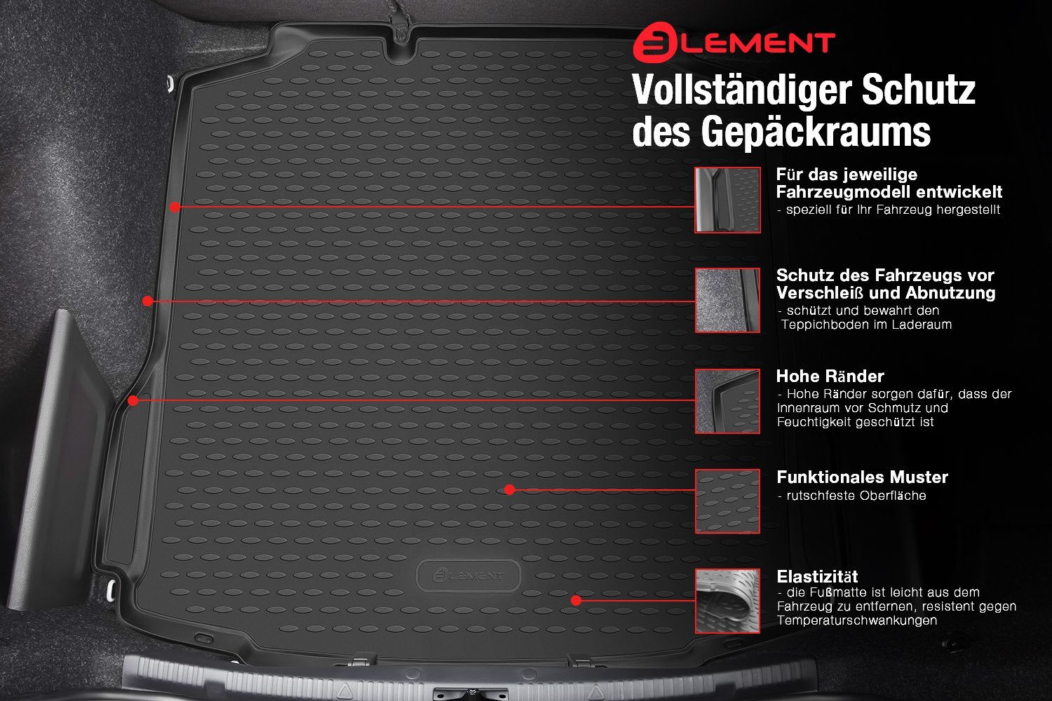 LEMENT Kofferraummatte Passgenaue ELEMENT Kofferraummatte Q4 SUV, e-tron AUDI für Q4 PKW, 2021 Passgenaue -> AUDI e-tron für