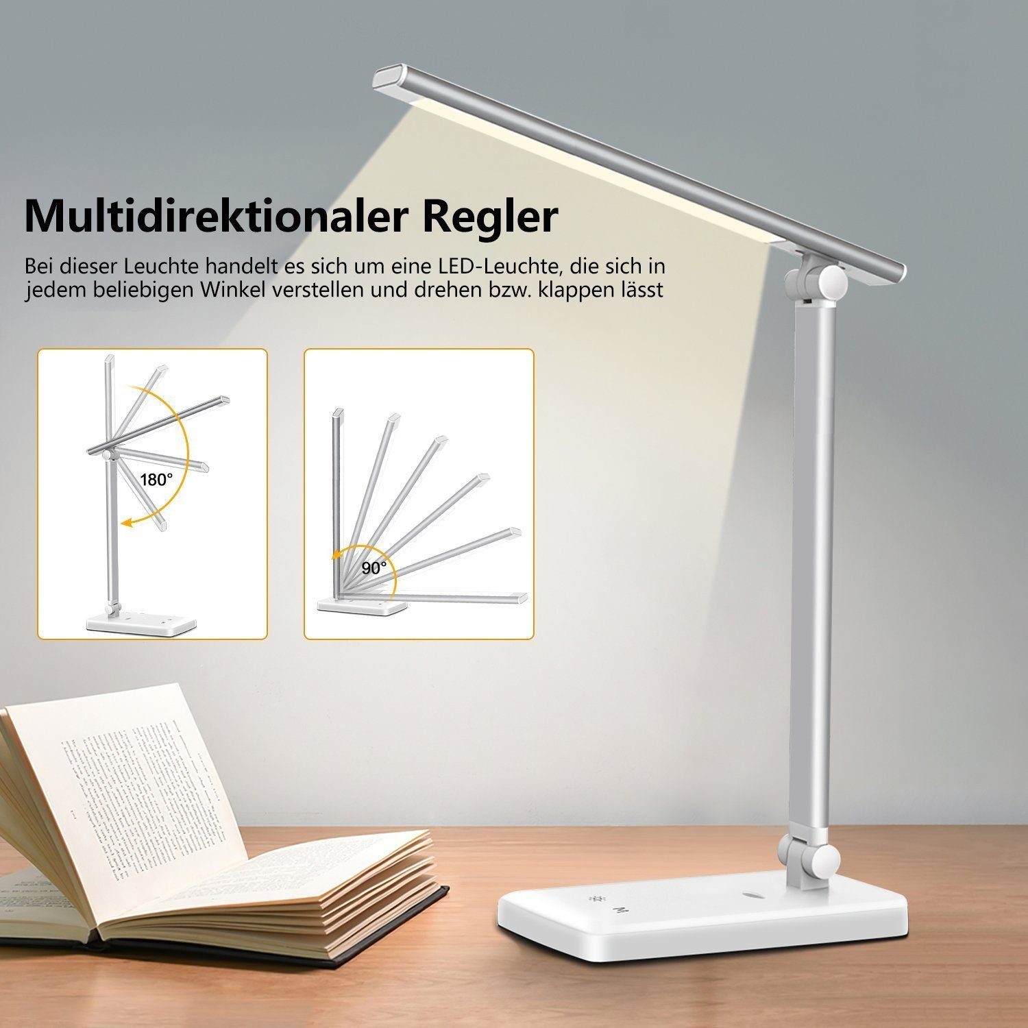 feinlux Schreibtischlampe 8W LED Dimmbare Tischleuchte 8W Tischlampe, LED fest integriert, Kaltweißes Licht, Augenschutz-Modus, USB-Anschluss, LED fest integriert