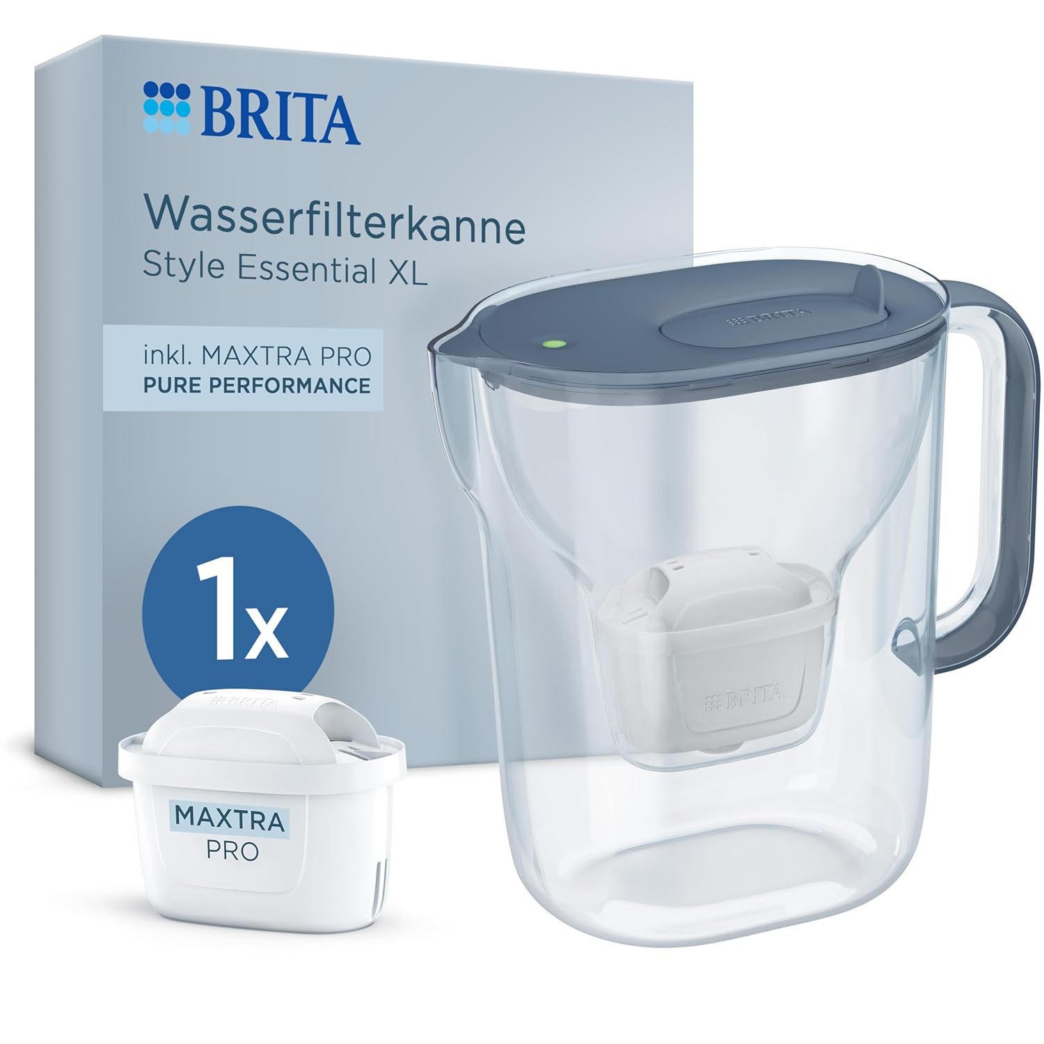 BRITA Wasserfilter Kanne MAXTRA Style Essential XL blau (3,6l), 1x Pure Performance, Große Filterkanne, Filterwechselanzeige, reduziert PFAS, Kalk & mehr