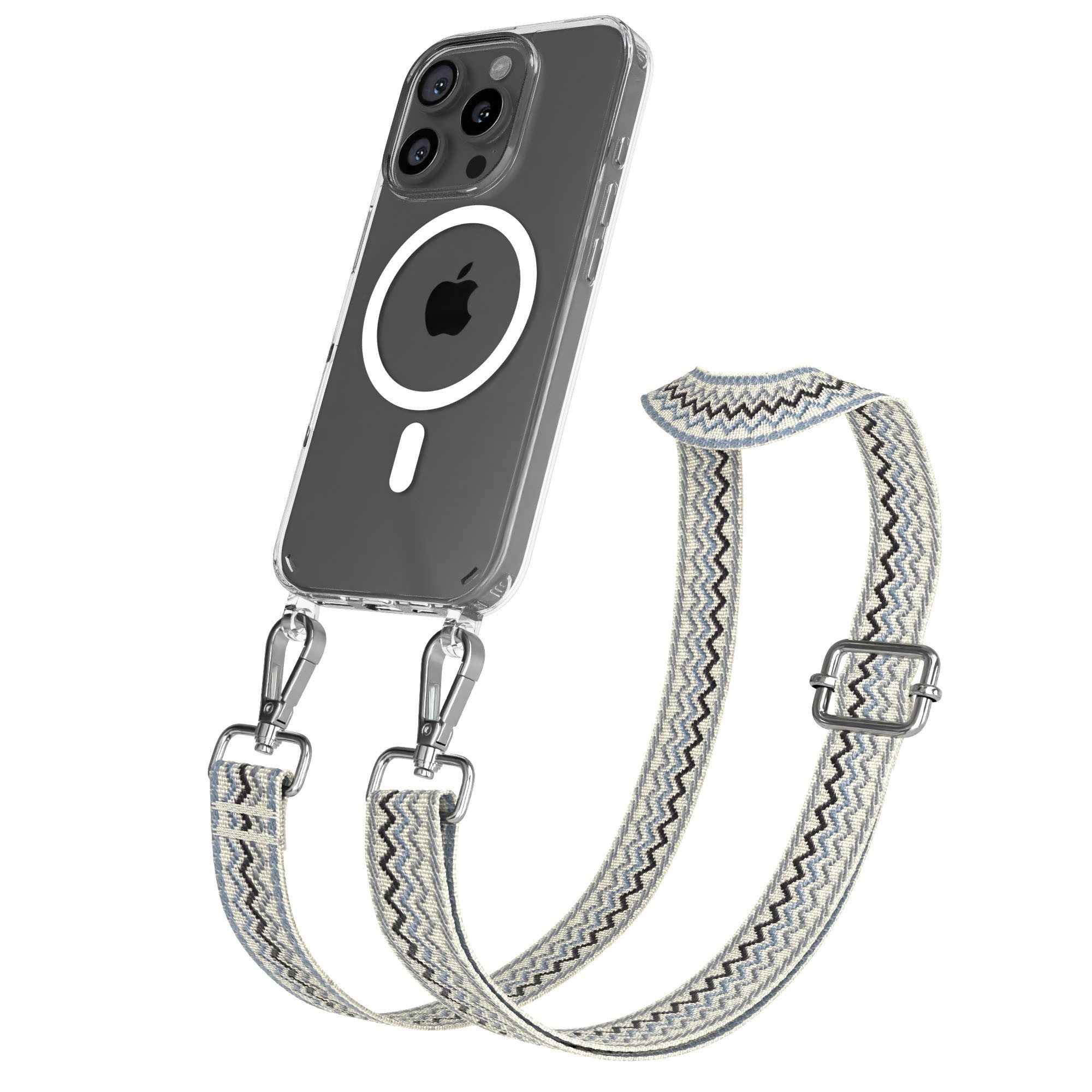 EAZY CASE Handykette Umhängeband MagSafe Hülle für Apple iPhone 16 Pro 6,3 Zoll, Body Bag Riemchen Wechselband Wave Ersatzgurt klare Hülle MagSafe Blau