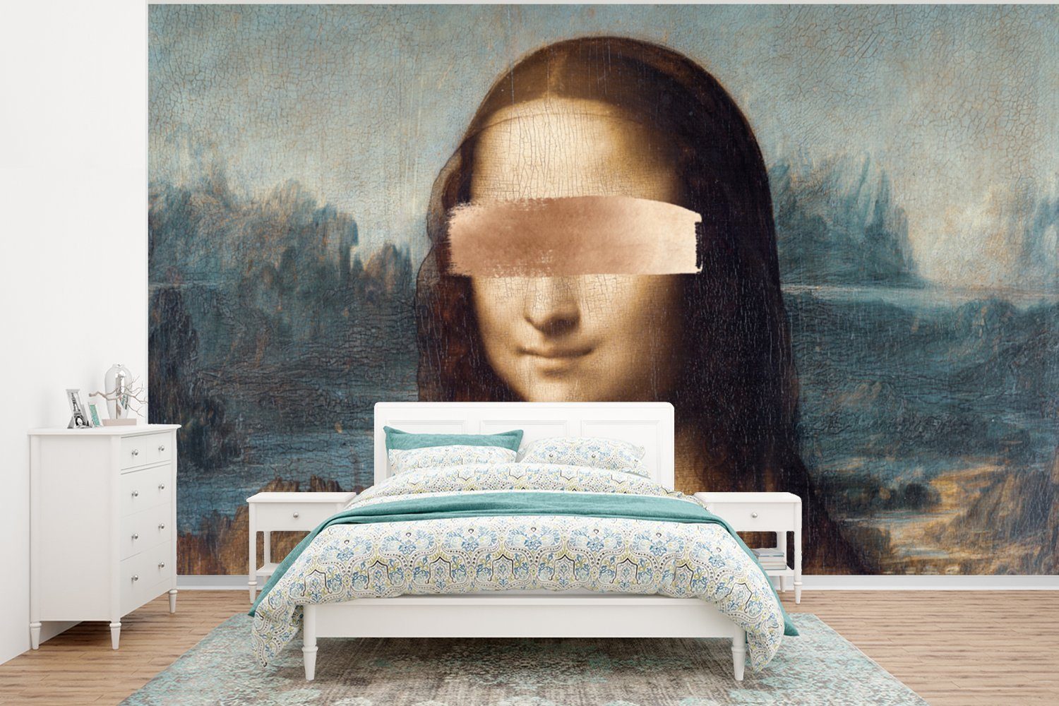 Vinci bedruckt, Schlafzimmer, Kinderzimmer, (6 für Lisa da - Wallpaper Vinyl Fototapete Matt, Mona MuchoWow Tapete Roségold, St), Leonardo Wohnzimmer, -