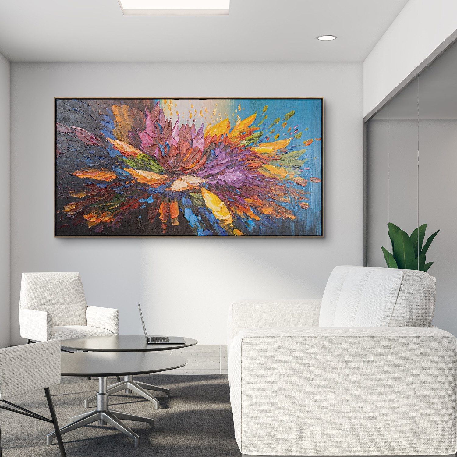 AUREDAS Gemälde "Tanz der Farben", Abstrakt, Rahmen hell, 140x70cm, Gemälde, Blüte, Gemälde mit Strukturpaste und Acrylfarbe, Panorama Format