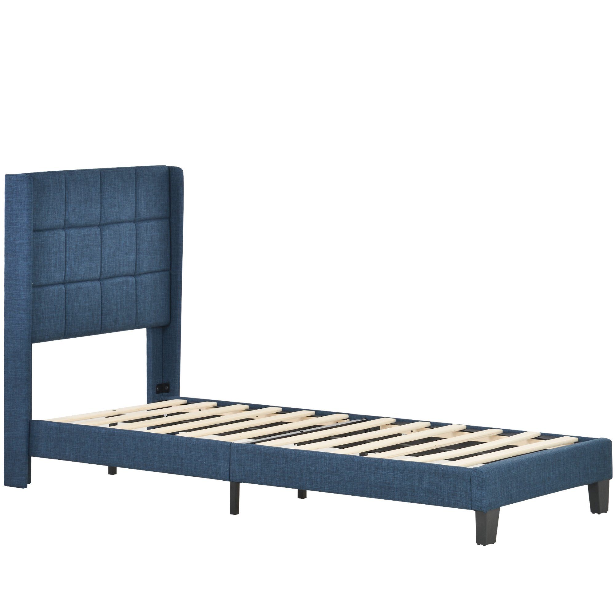 Flieks Polsterbett Matratze Einzelbett (1-tlg), blau Holzbett Leinen 90x200cm ohne