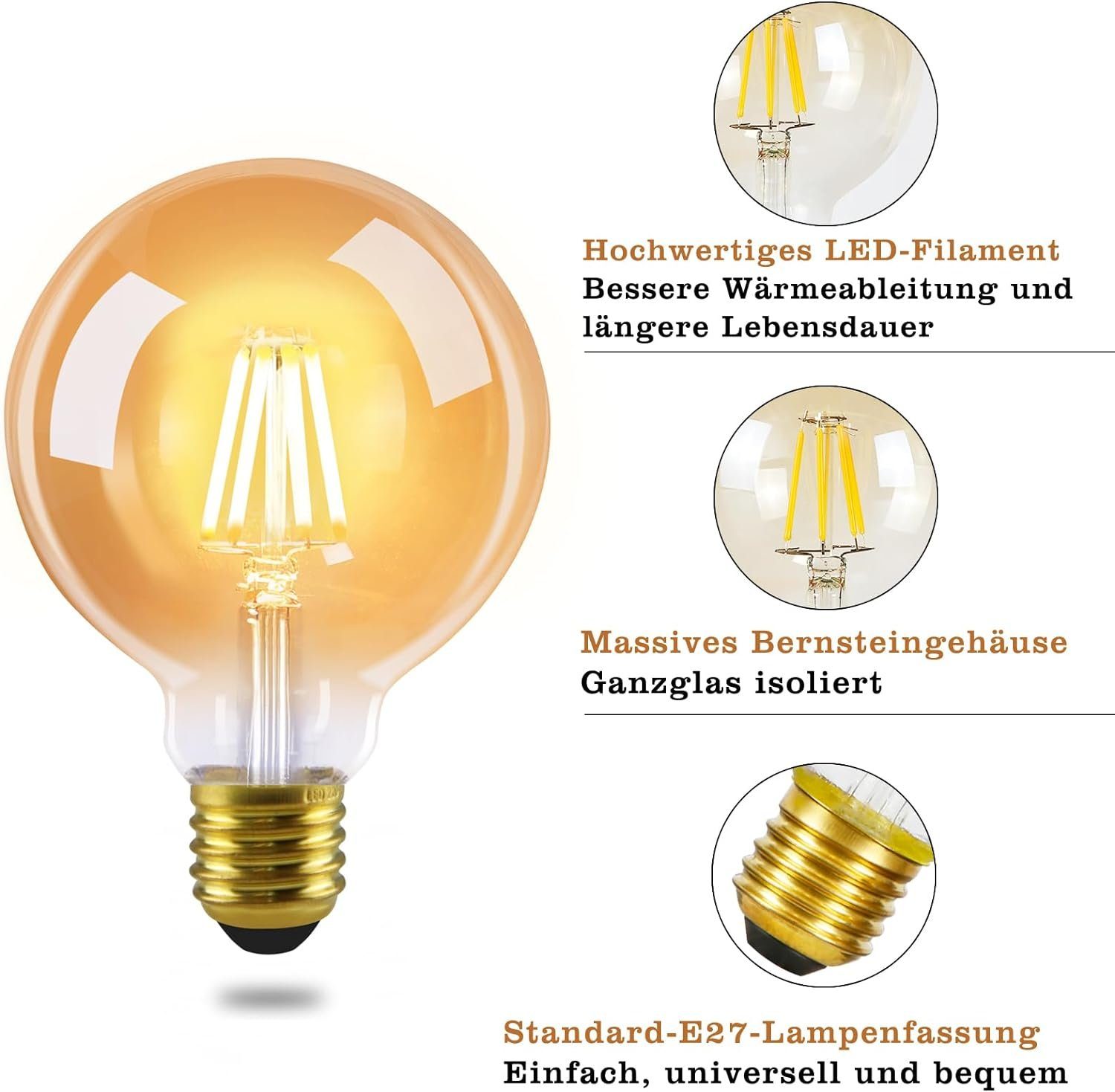 Nettlife LED-Leuchtmittel 2 Stück G95 LED Glühbirne E27 Vintage Warmweiß Filament, E27, Warmweiß, für Haus Hotel Café Bar