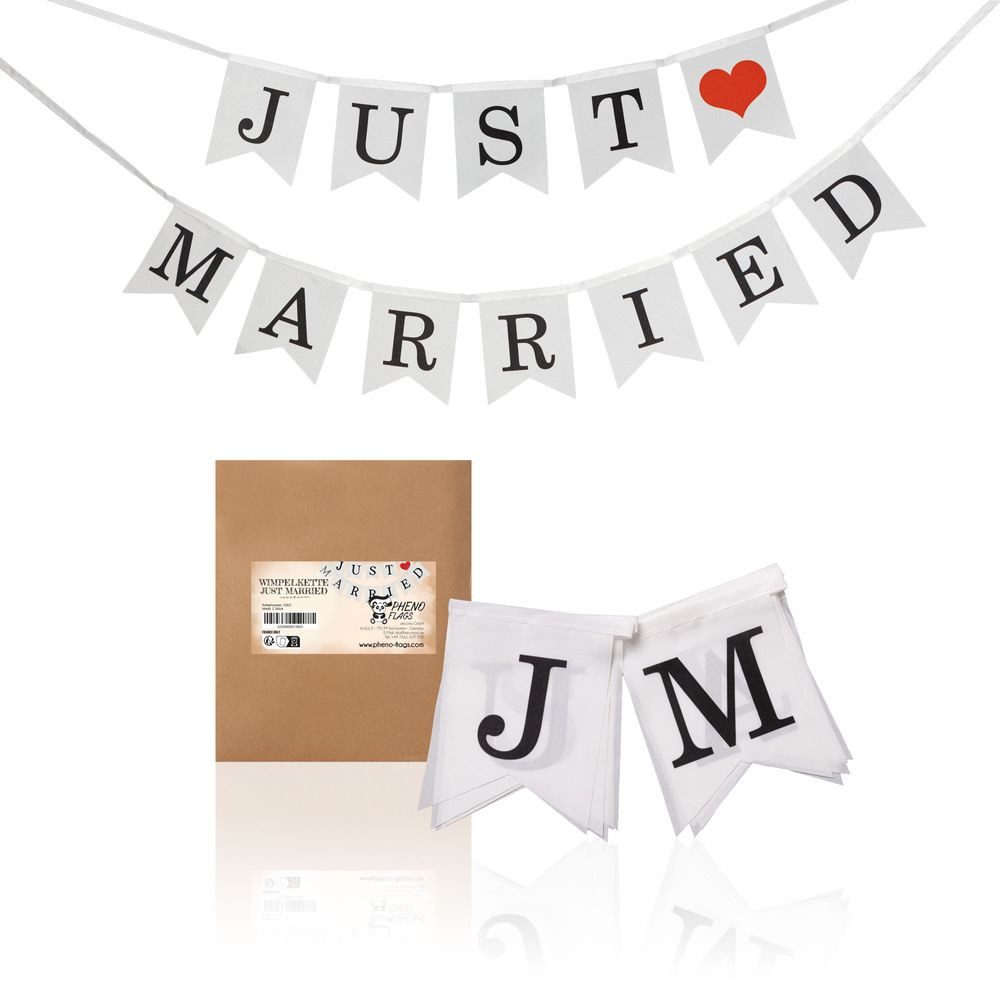 PHENO FLAGS Flagge Wimpelketten-Set JUST MARRIED aus Stoff, 2x Wimpelketten