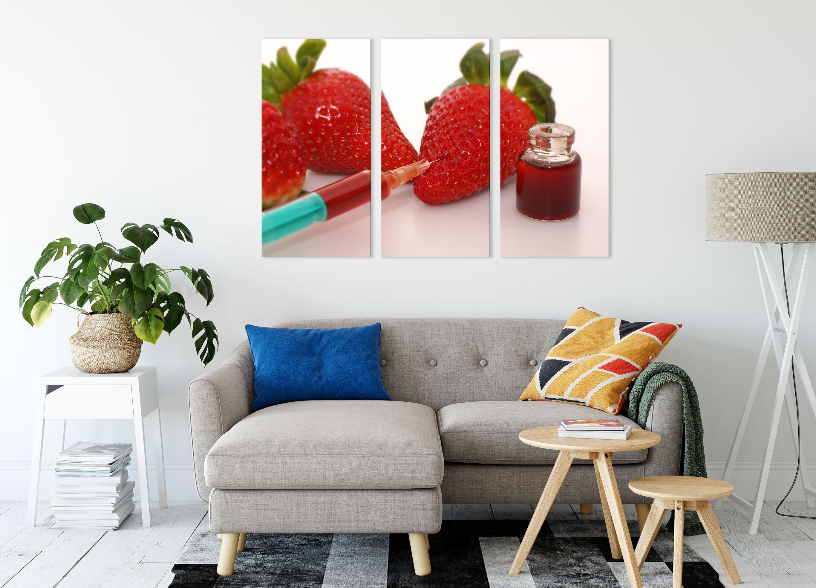 inkl. Leinwandbild (1 mit bespannt, Erdbeeren 3Teiler Leinwandbild St), Pixxprint (120x80cm) Lebensmittelfarbe Zackenaufhänger mit Lebensmittelfarbe, Erdbeeren fertig
