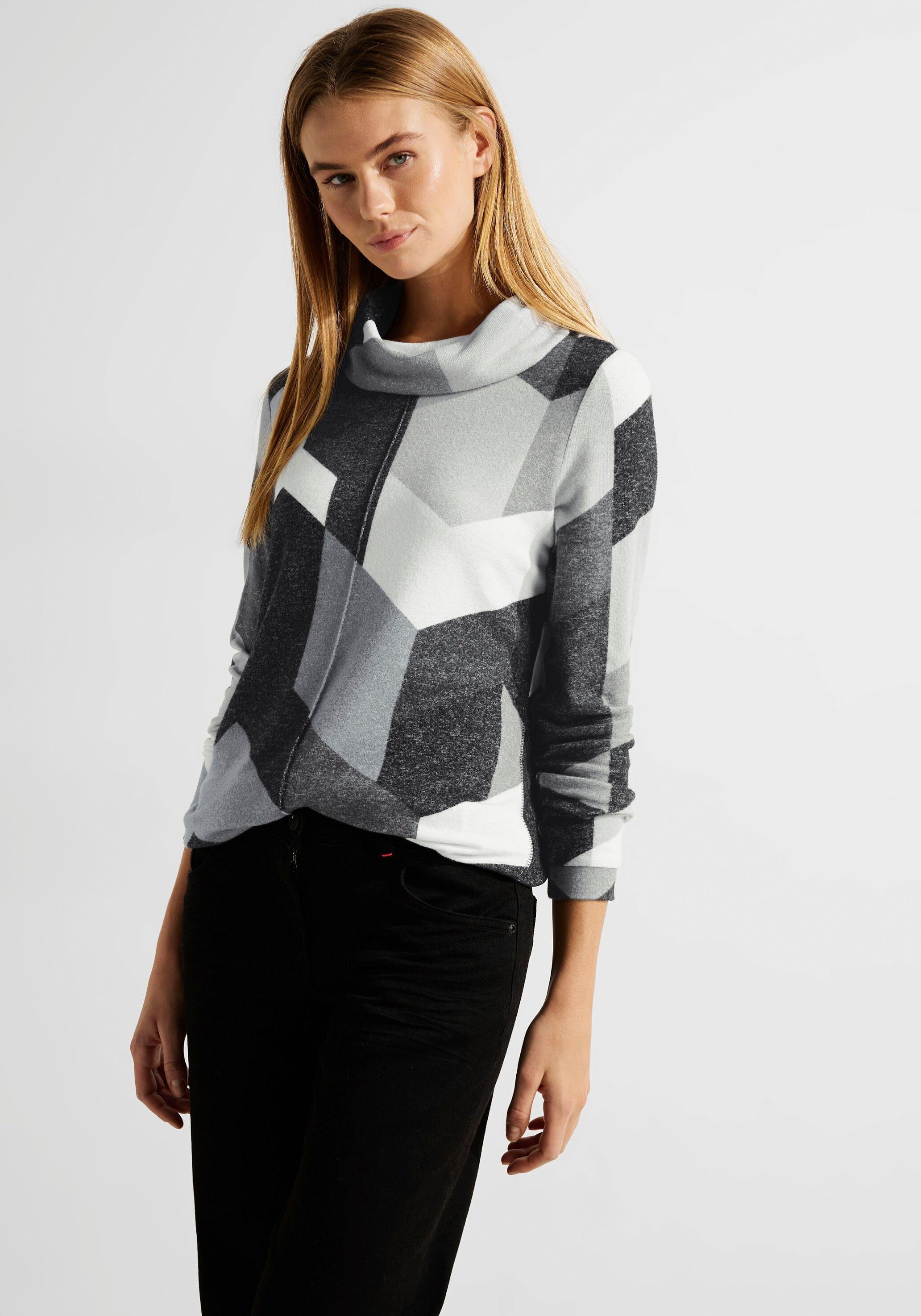 Cecil Rollkragenpullover mit geometrischem Muster, Ärmelabschlüsse mit  Bündchen und dekorative Naht vorn